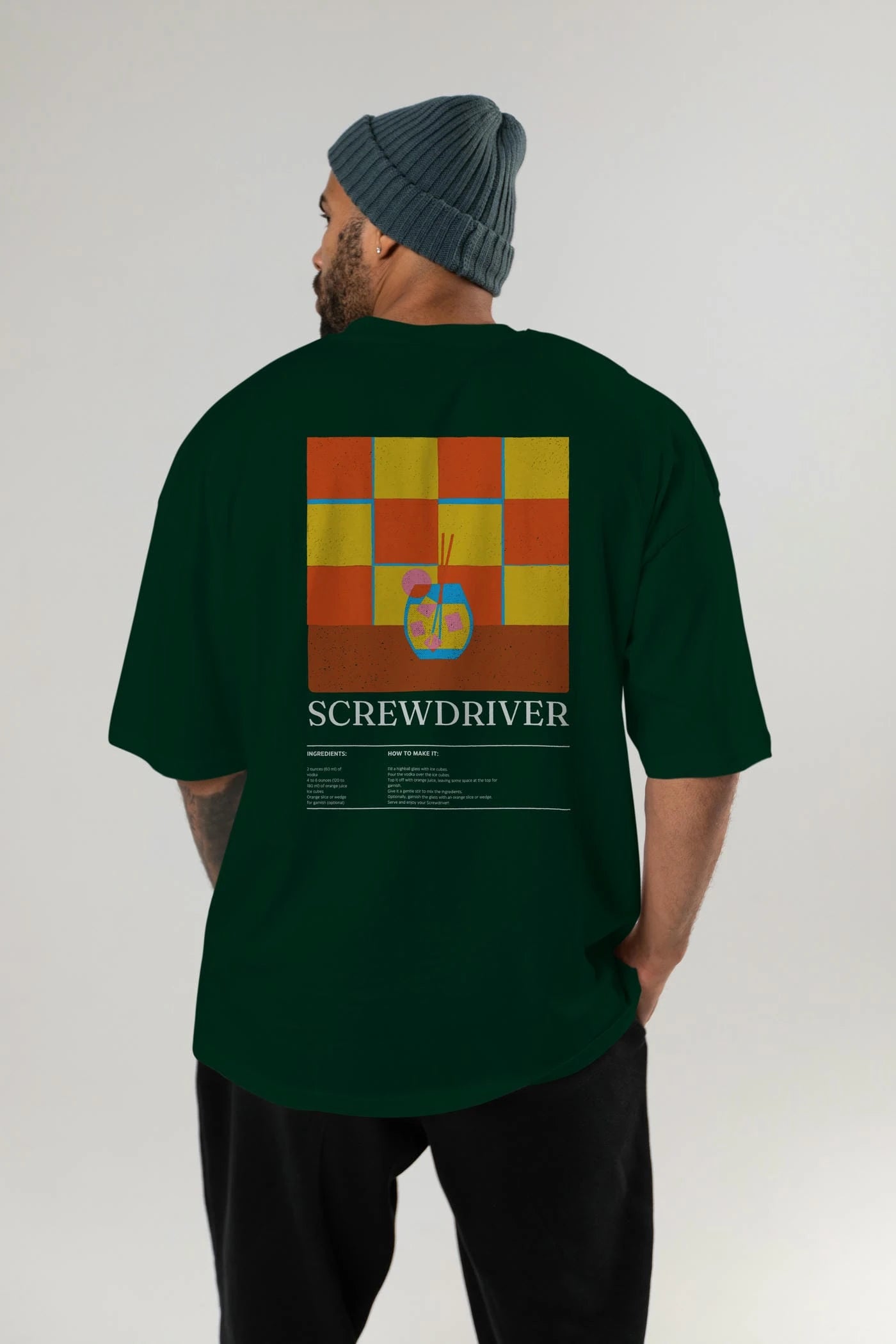 Screwdriver Kokteyl Serisi Arka Baskılı Oversize t-shirt Erkek Kadın %100 Pamuk Bisiklet Yaka tişort