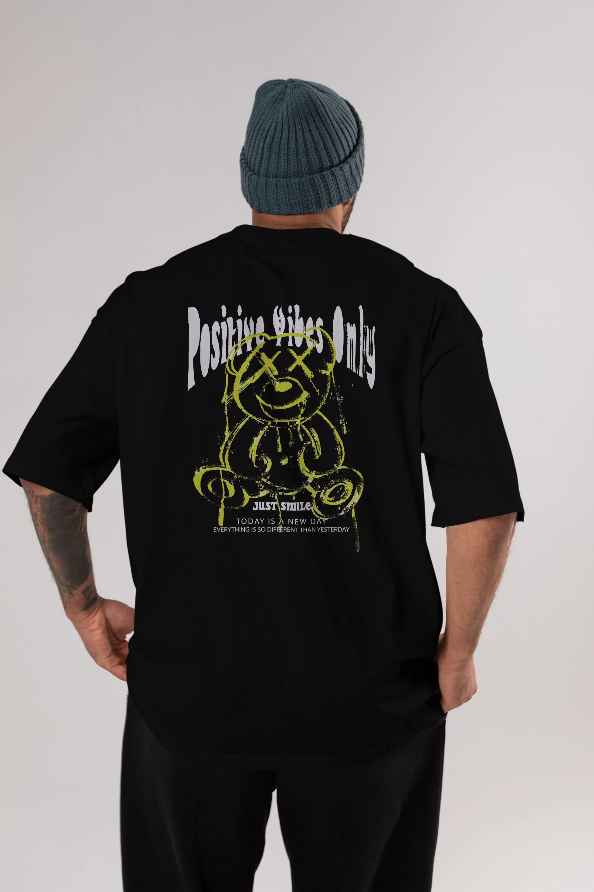 Positive Vibes Only Bear Arka Baskılı Oversize t-shirt Erkek Kadın Unisex