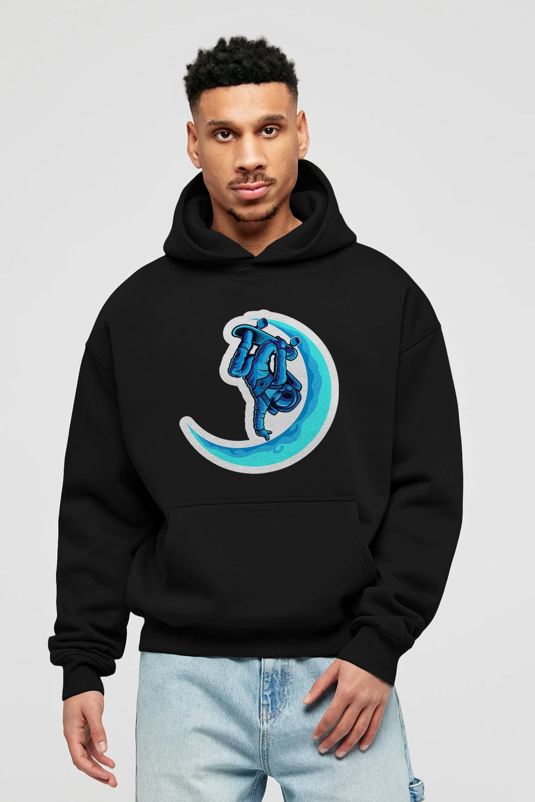 Skating on the moon sticker Ön Baskılı Hoodie Oversize Kapüşonlu Sweatshirt Erkek Kadın Unisex
