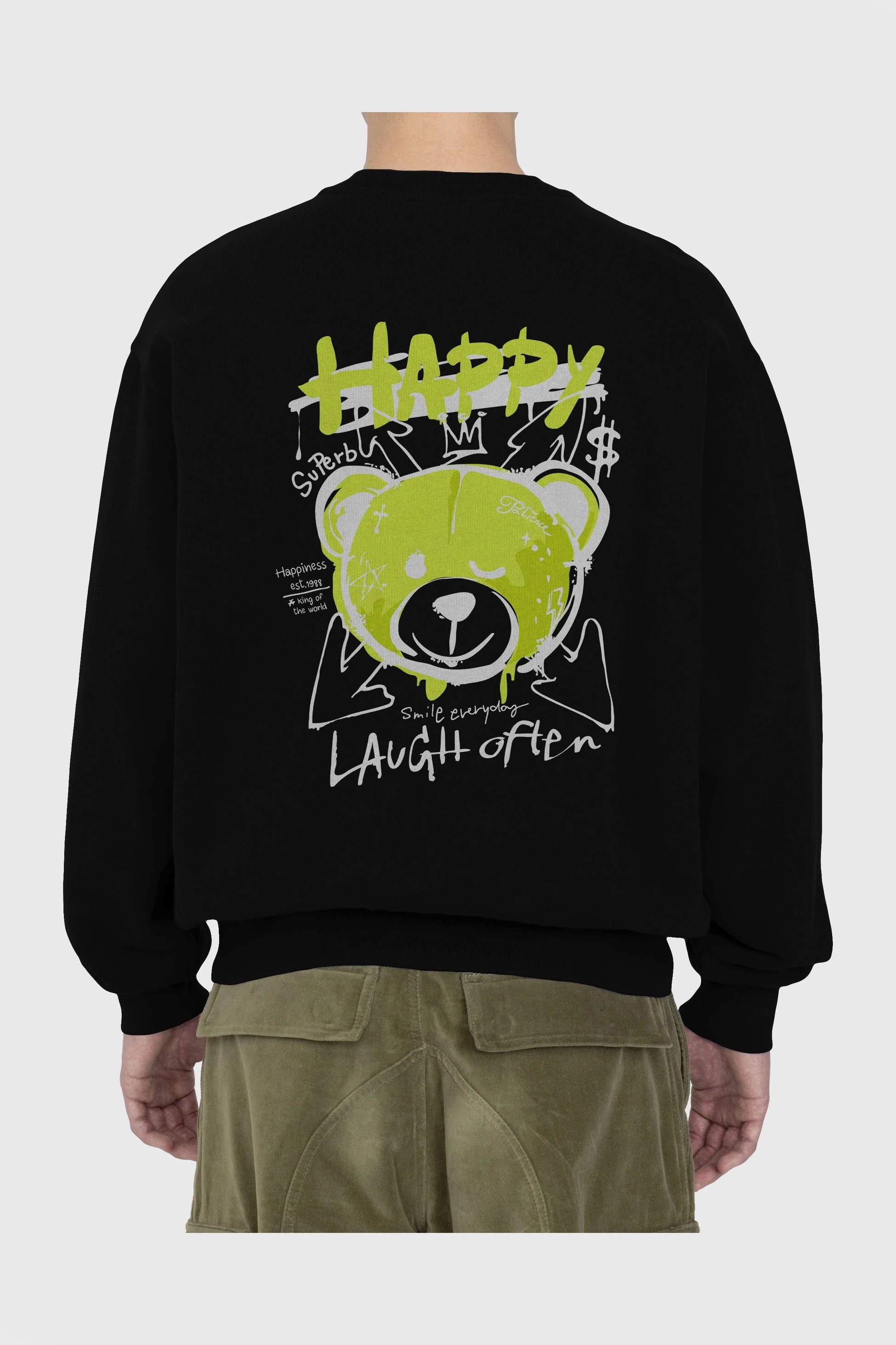 Happy Bear Arka Baskılı Oversize Sweatshirt Erkek Kadın Unisex