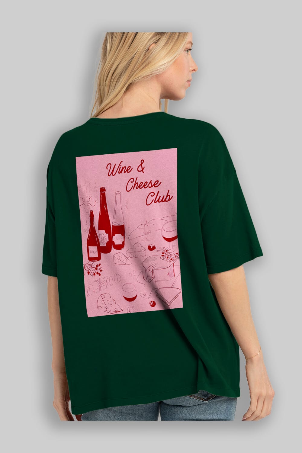 Wine Cheese Club Arka Baskılı Oversize t-shirt Erkek Kadın Unisex %100 Pamuk Bisiklet Yaka tişort