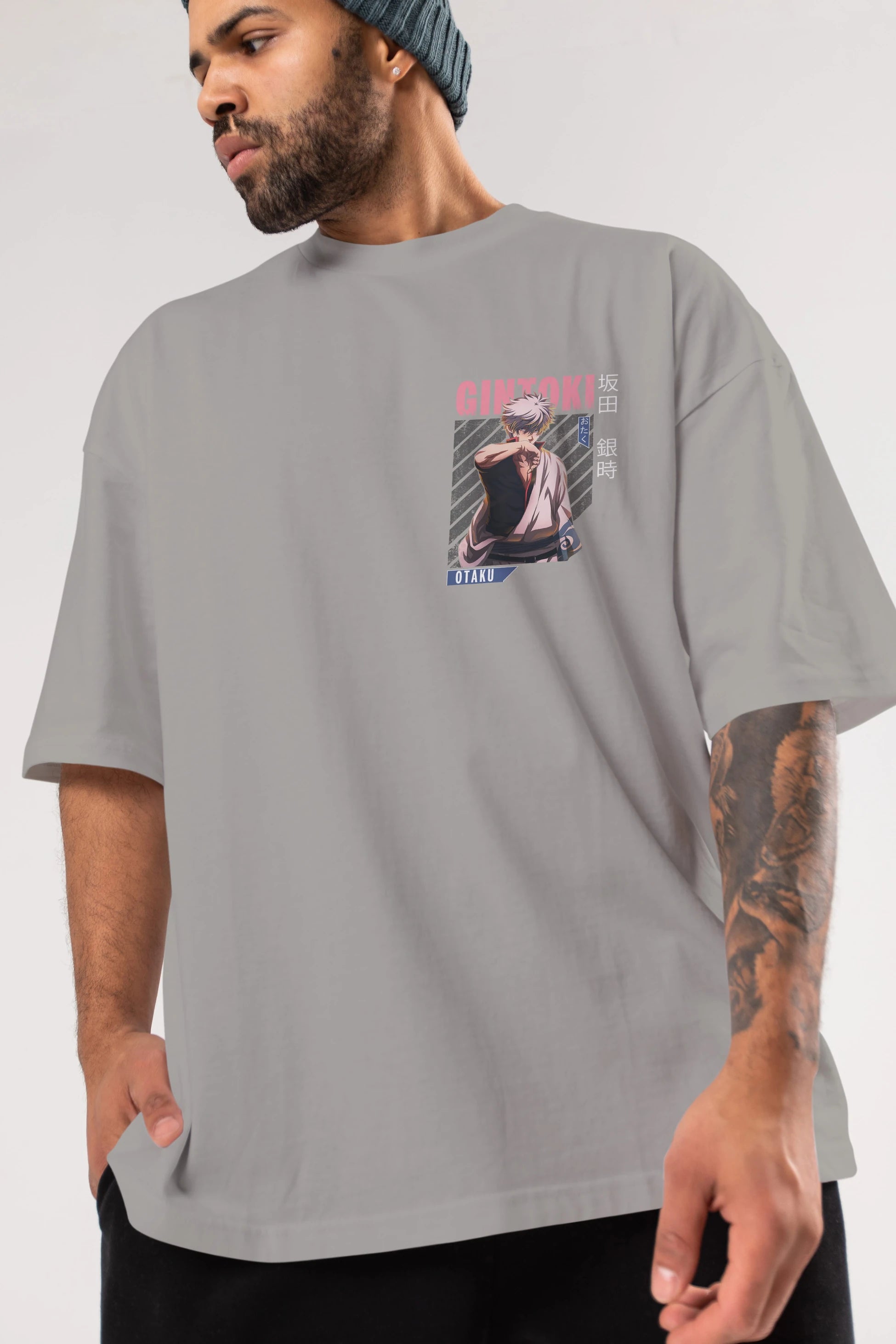 Gintoki Sakata Ön Sol Baskılı Oversize t-shirt Erkek Kadın Unisex %100 Pamuk Bisiklet Yaka tişort