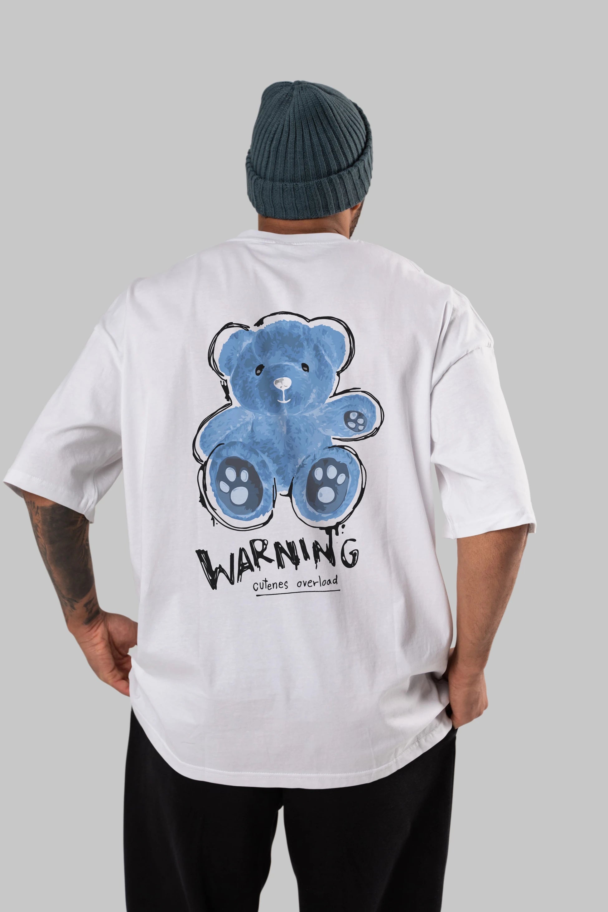 Warning Cuteness Bear Arka Baskılı Oversize t-shirt Erkek Kadın Unisex