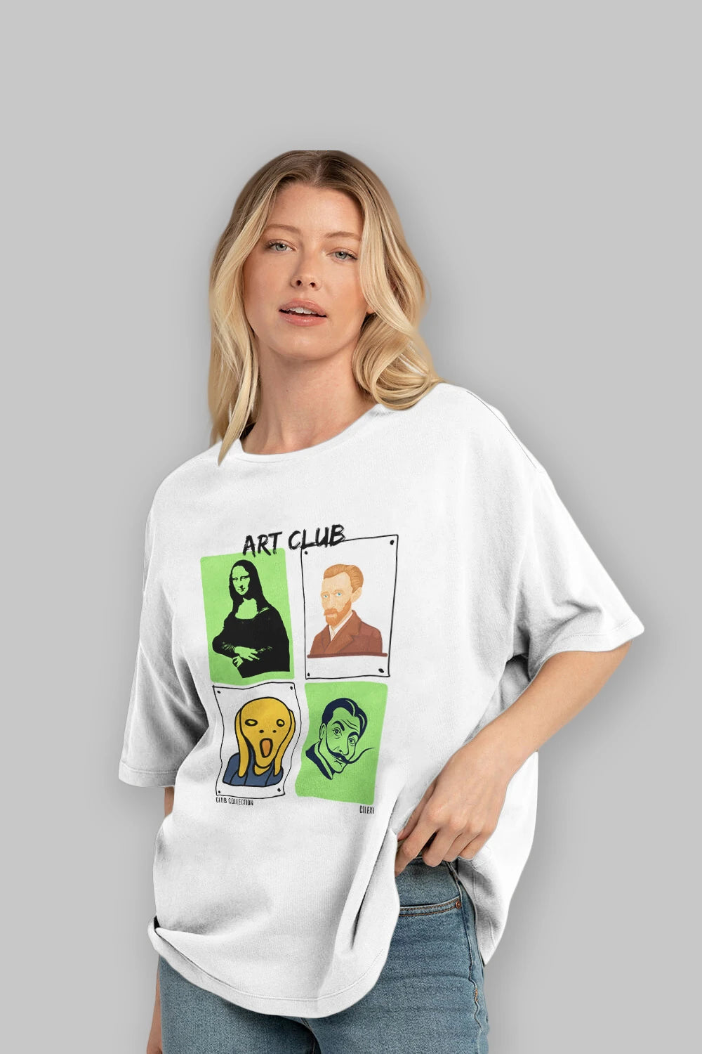 Art Club ön Baskılı Oversize t-shirt Erkek Kadın %100 Pamuk Bisiklet Yaka tişort