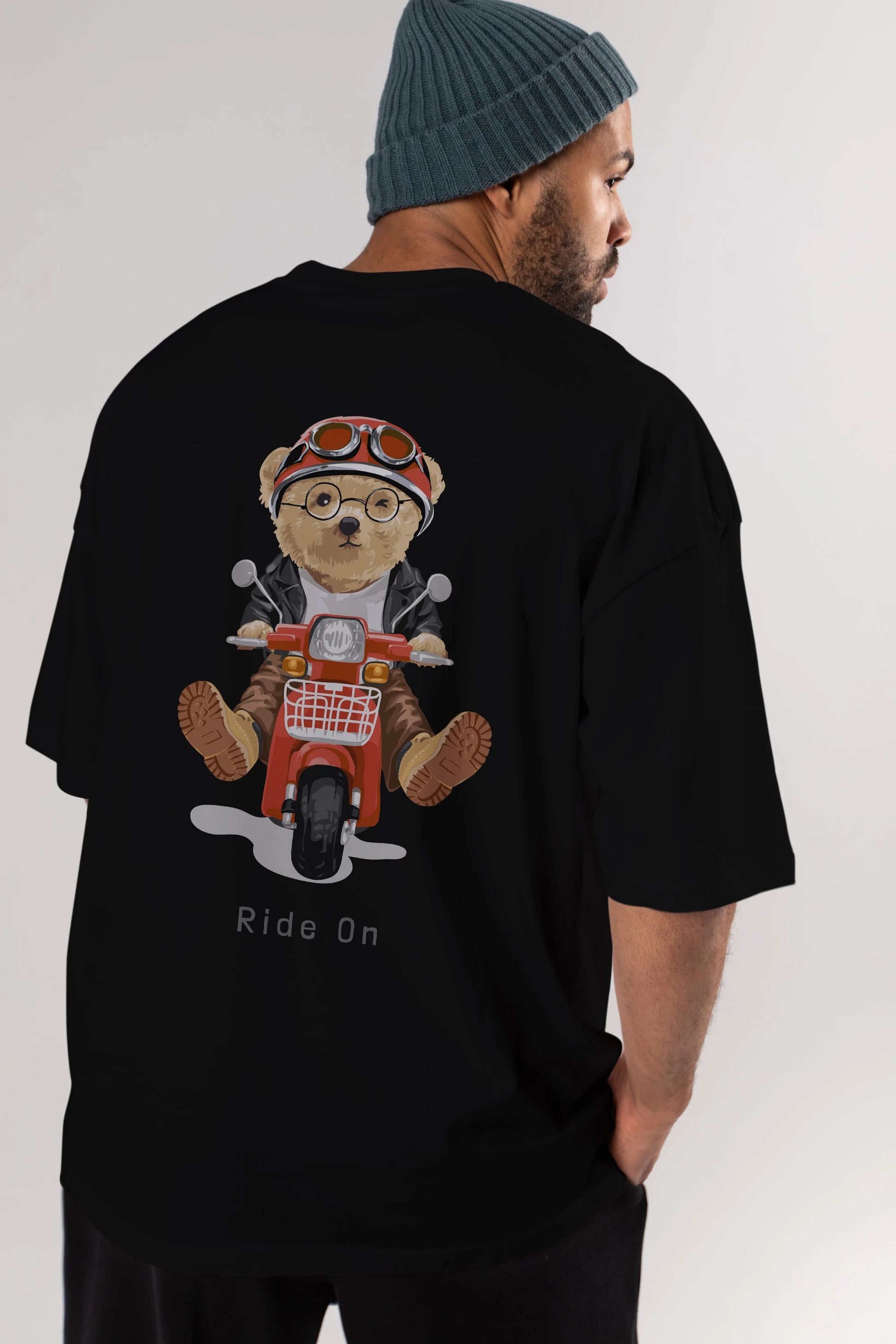 Teddy Bear Ride On Arka Baskılı Oversize t-shirt Erkek Kadın Unisex %100 Pamuk