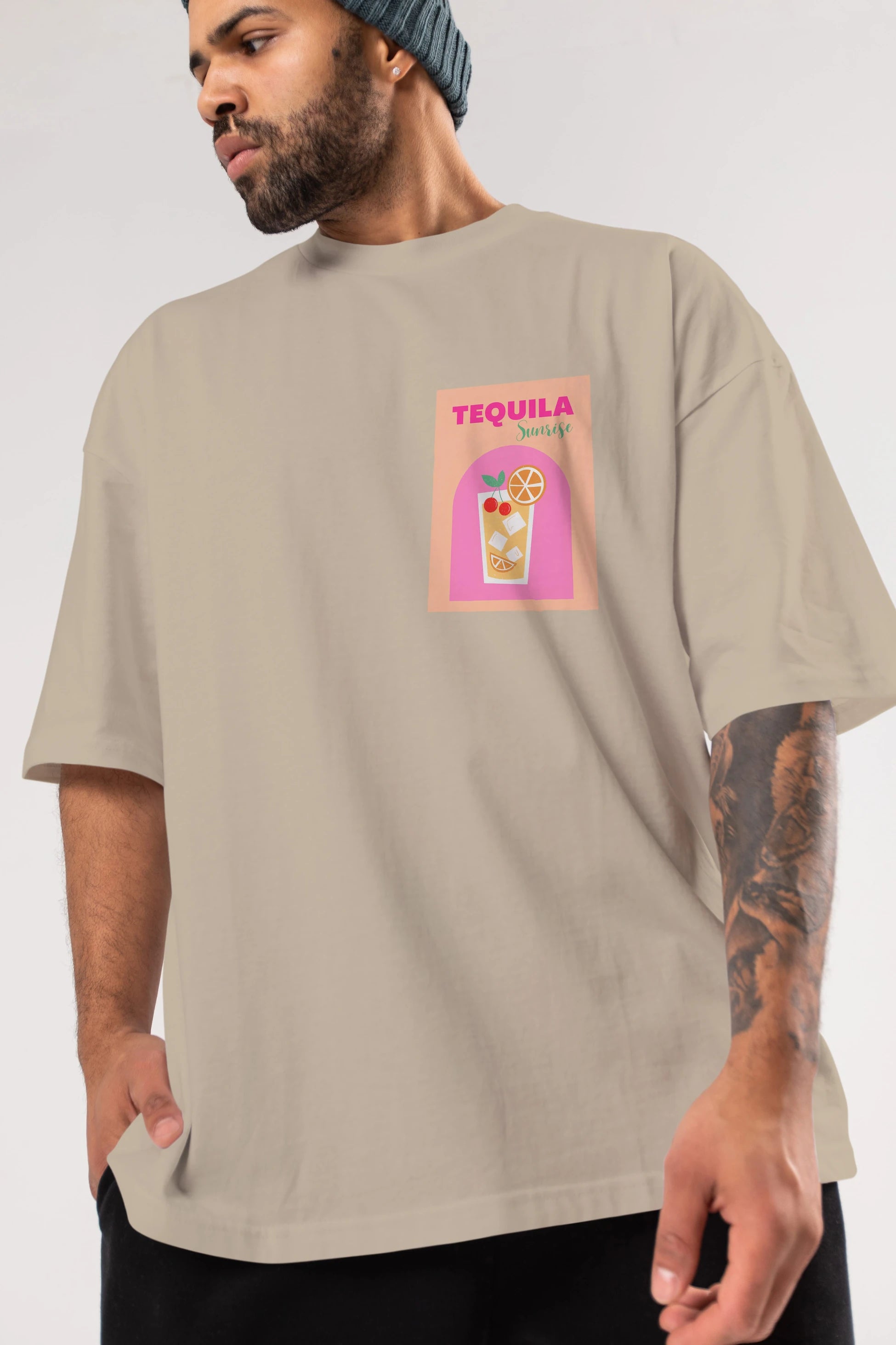 Tequila Sunrise 2 Ön Sol Baskılı Oversize t-shirt Erkek Kadın Unisex %100 Pamuk Bisiklet Yaka tişort