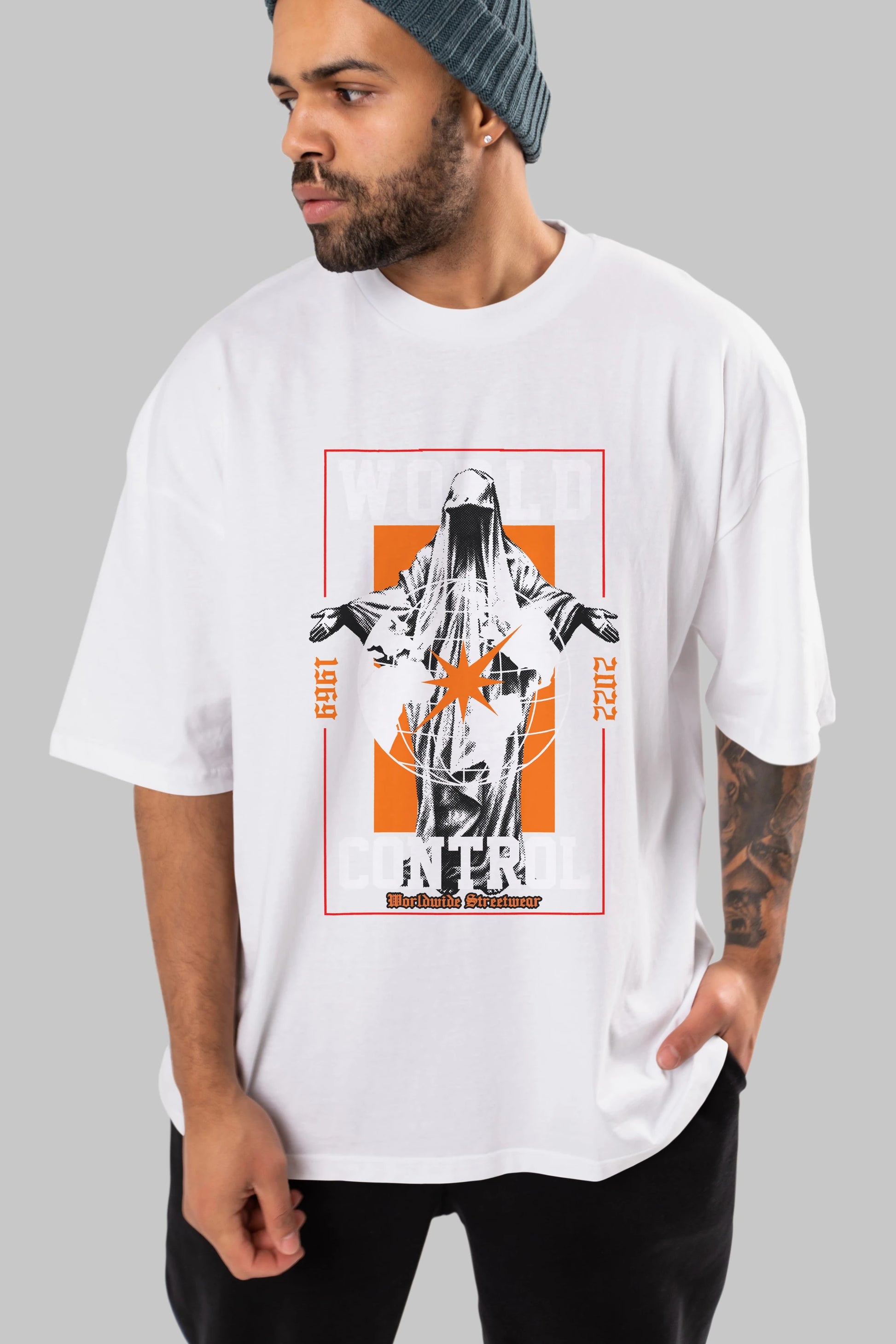 World Control Ön Baskılı Oversize t-shirt Erkek Kadın Unisex