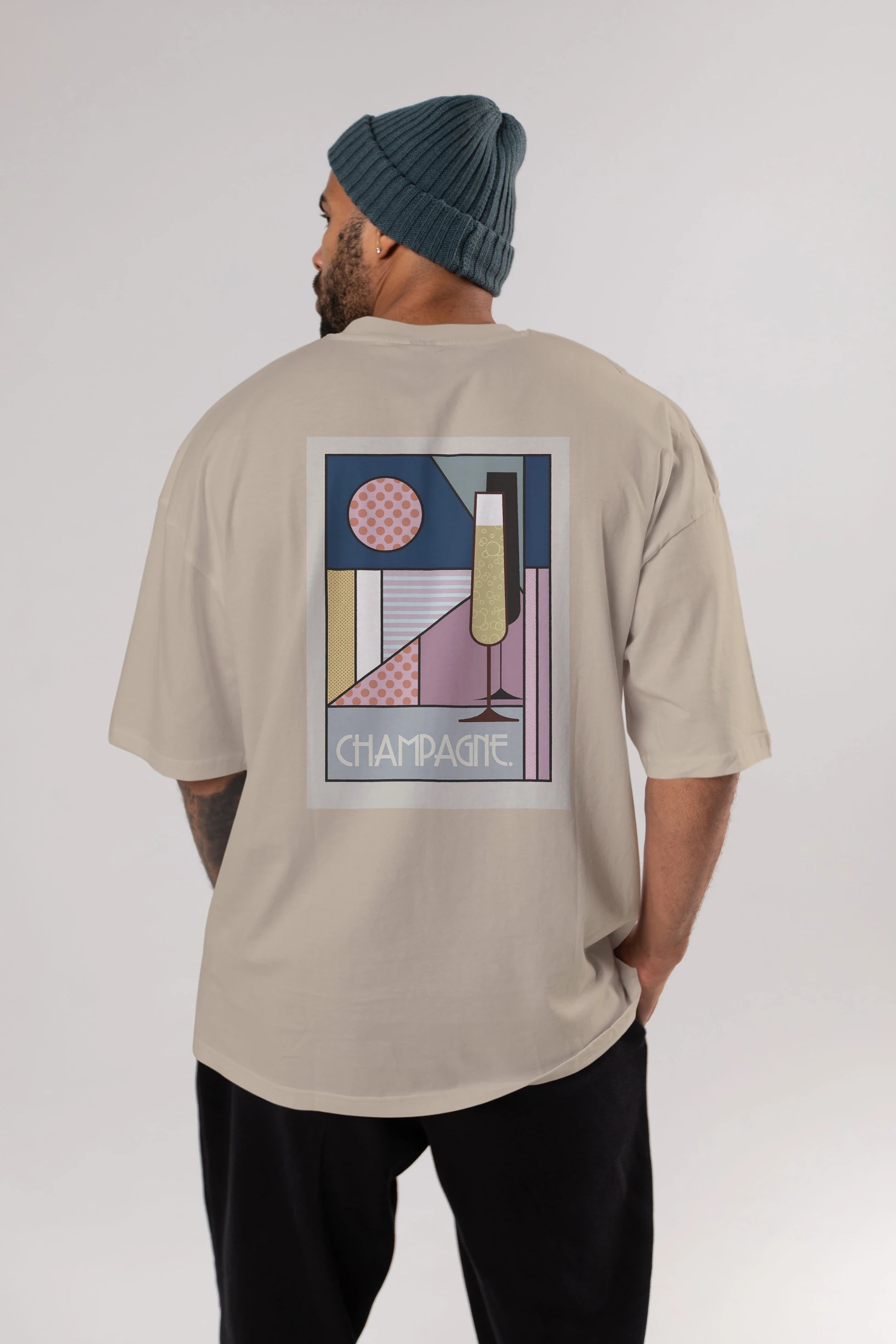 Champagne Arka Baskılı Oversize t-shirt Erkek Kadın Unisex %100 Pamuk Bisiklet Yaka tişort