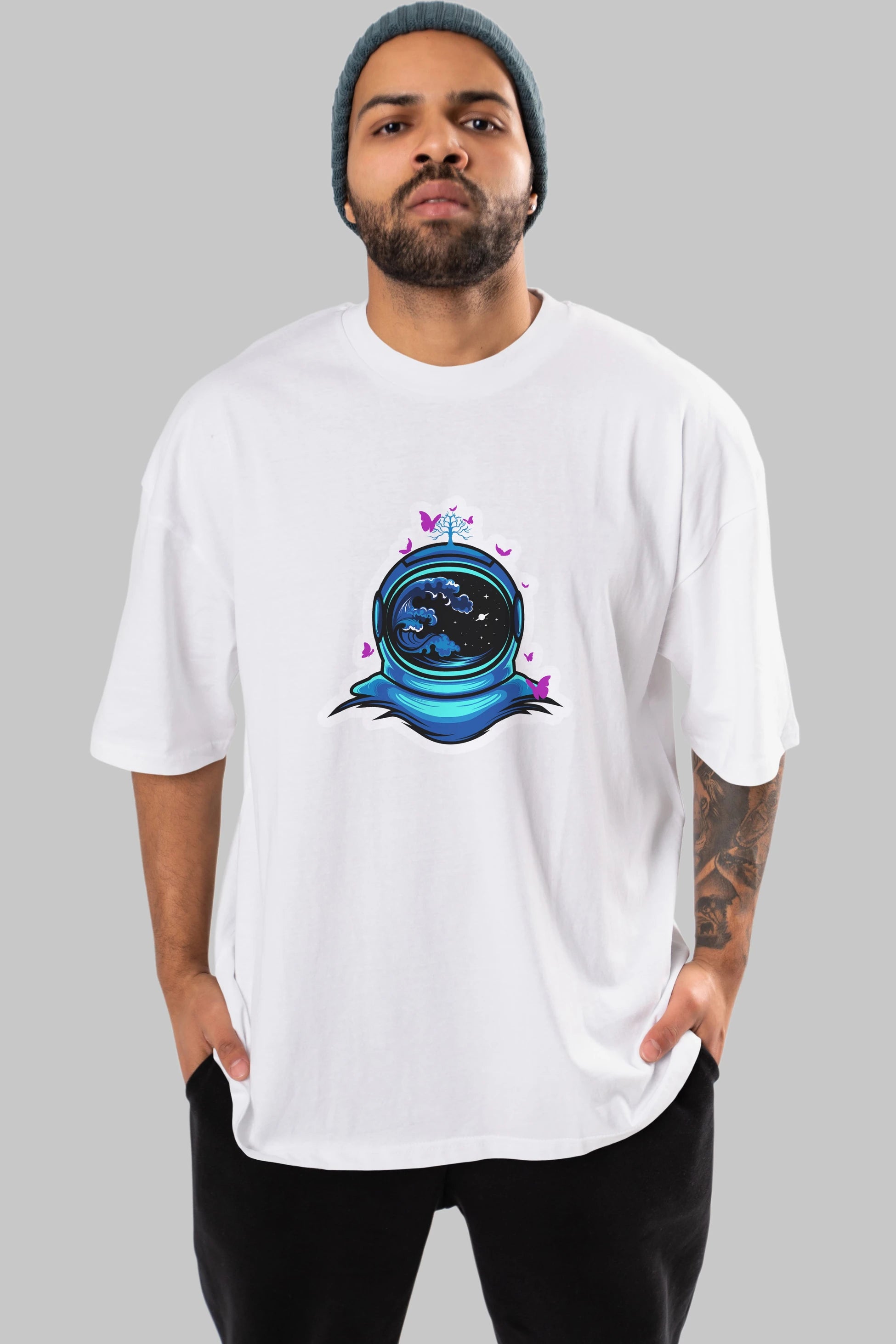 Astronaut and Butterfly Sticker Ön Baskılı Oversize t-shirt Erkek Kadın Unisex