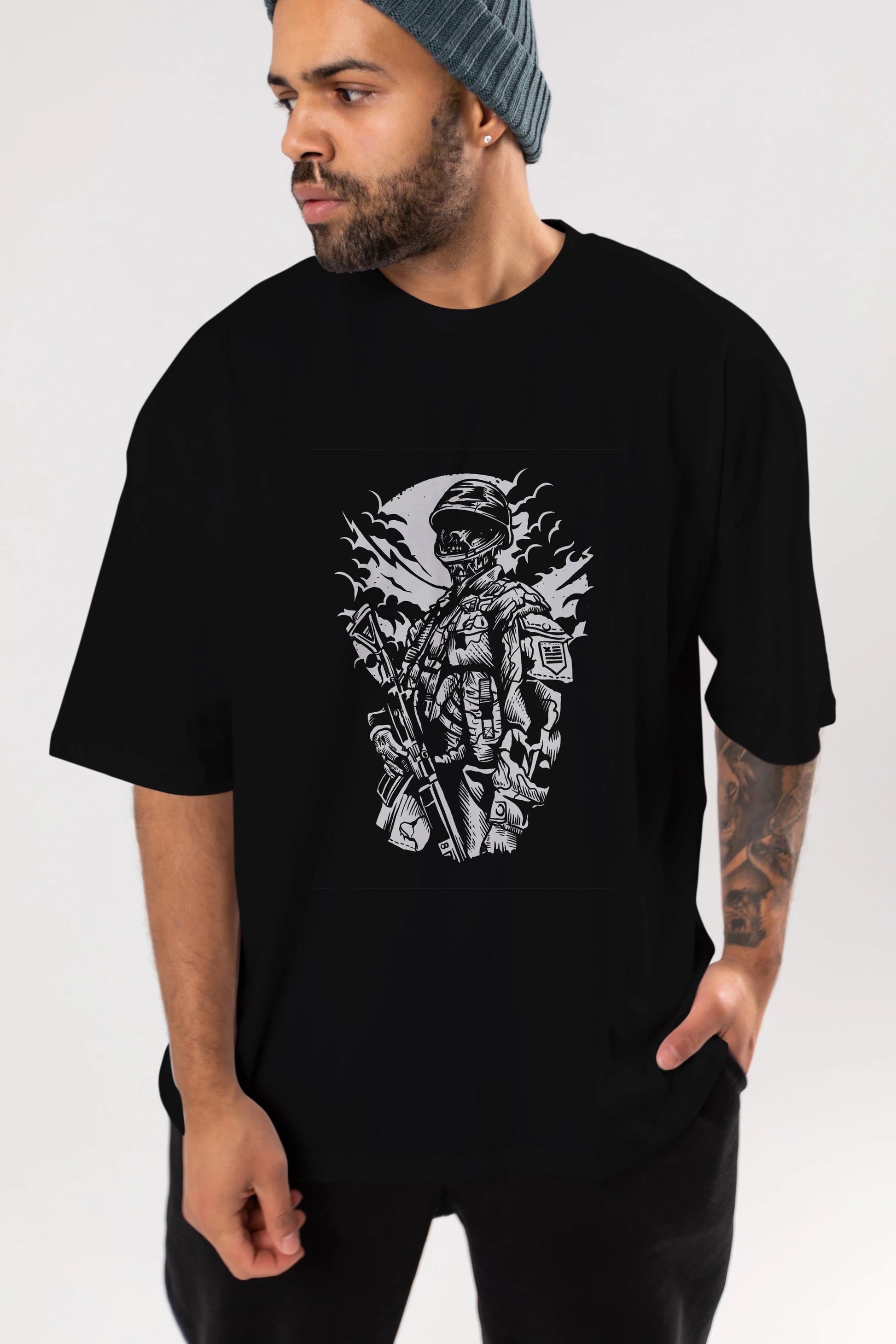 Zombie Soldier Ön Baskılı Oversize t-shirt Erkek Kadın Unisex %100 Pamuk tişort