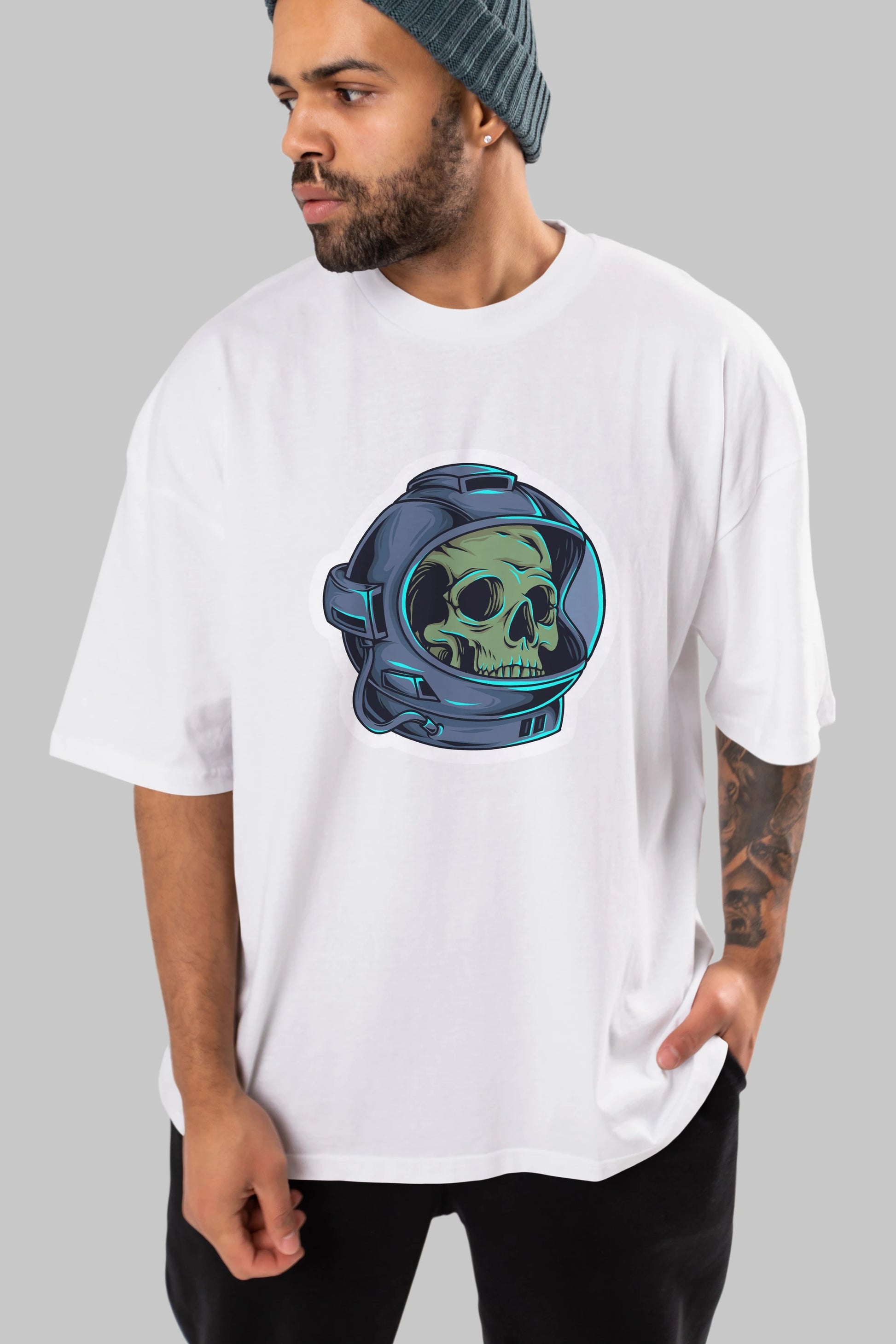 Astroskull Sticker Ön Baskılı Oversize t-shirt Erkek Kadın Unisex