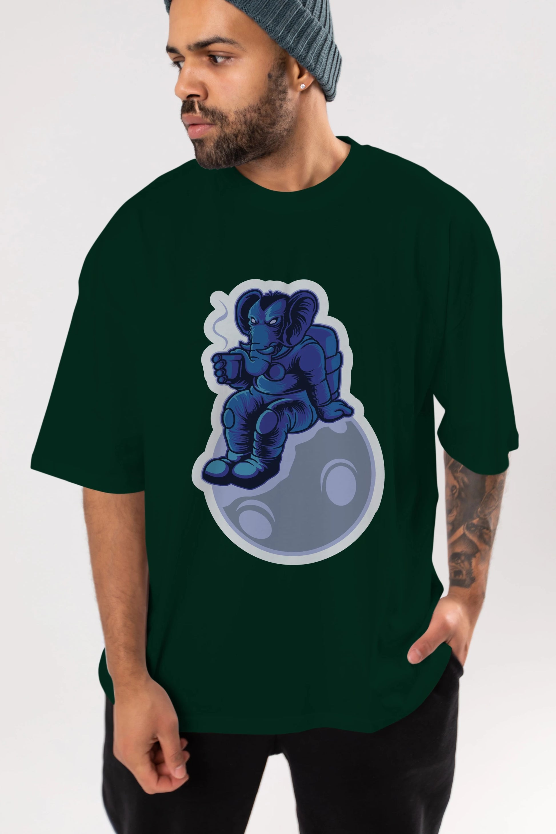 Space Elephant Drink Coffee Sticker Ön Baskılı Oversize t-shirt Erkek Kadın Unisex