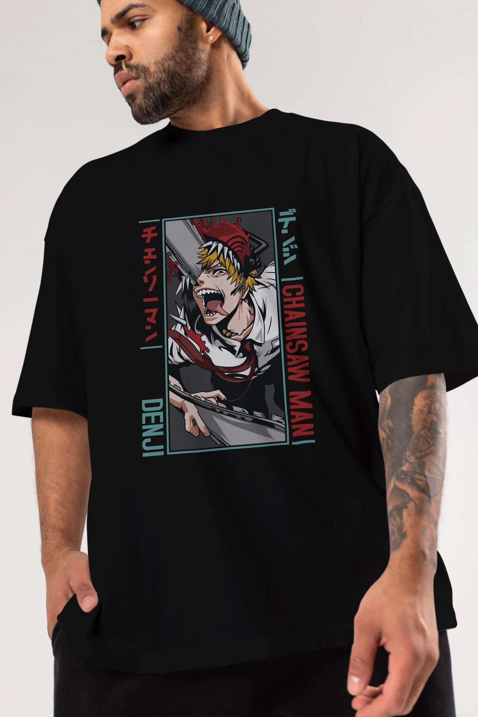 Denji Chainsaw Man Anime Ön Baskılı Oversize t-shirt %100 pamuk Erkek Kadın Unisex