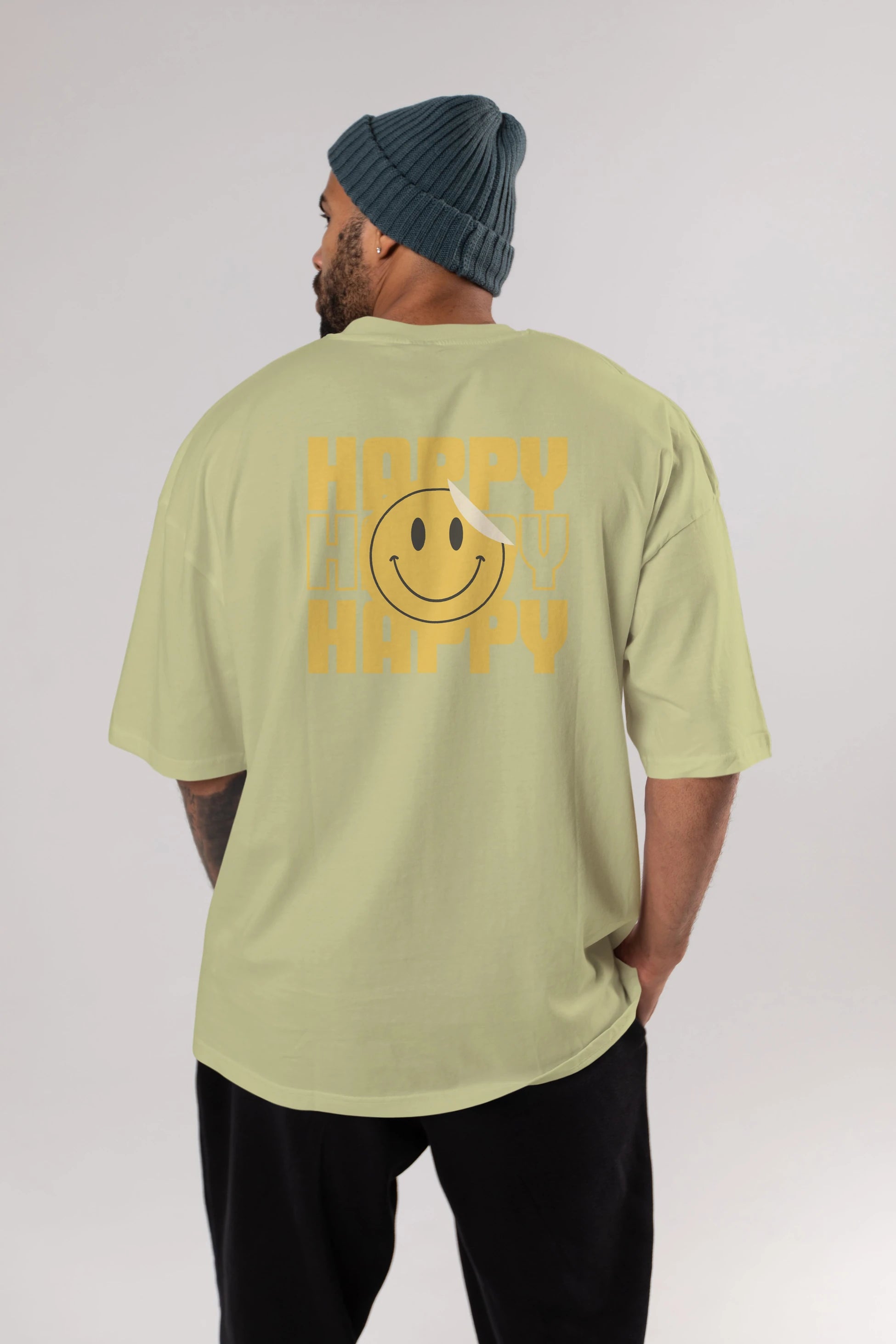 Happy Smile Yazılı Arka Baskılı Oversize t-shirt Erkek Kadın Unisex