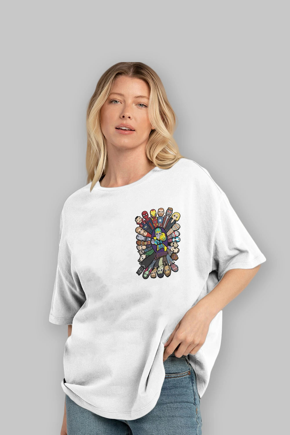 The Avengers (2) Ön Sol Baskılı Oversize t-shirt Erkek Kadın Unisex %100 Pamuk Bisiklet Yaka tişort