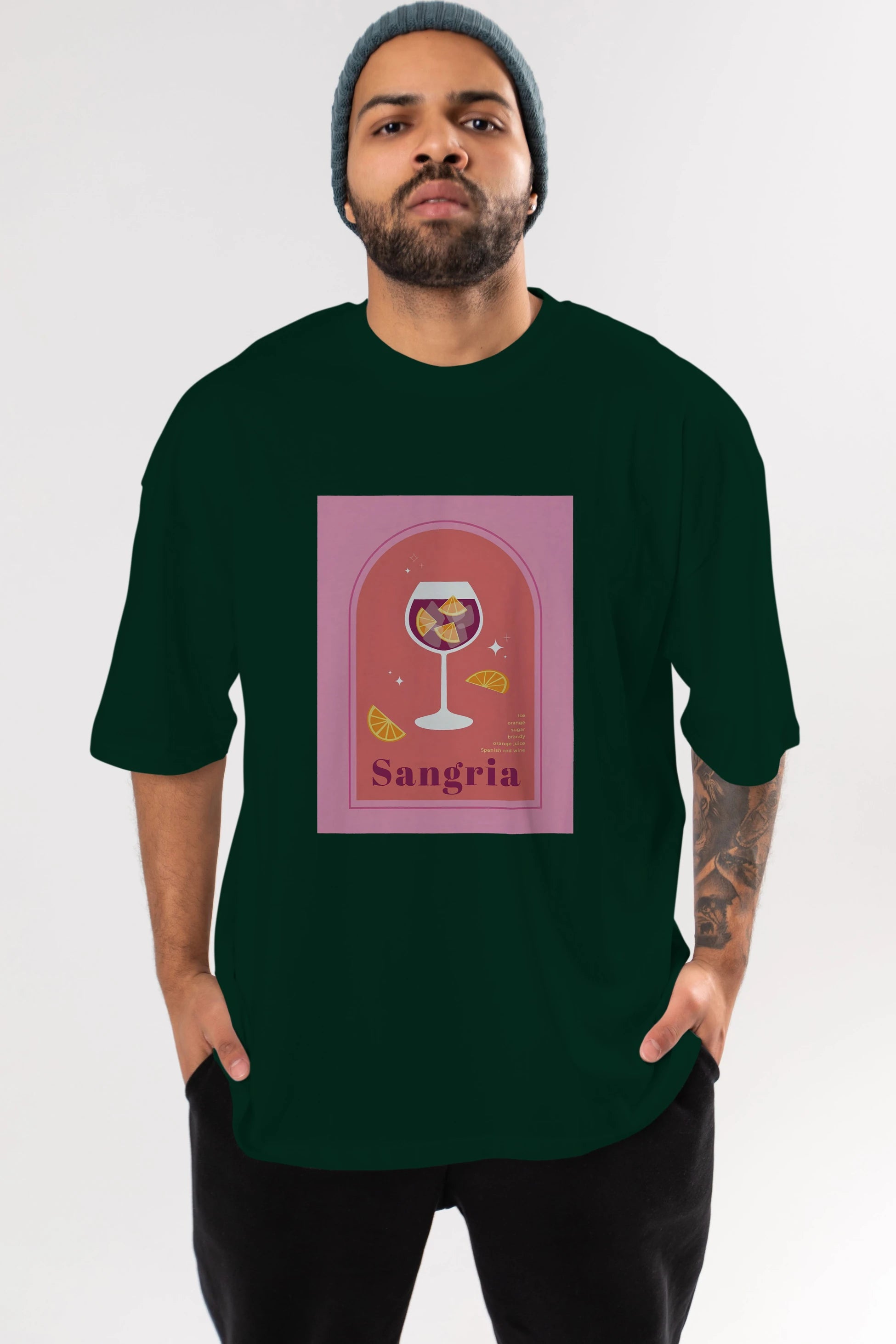 Sangria Ön Baskılı Oversize t-shirt Erkek Kadın Unisex %100 Pamuk Bisiklet Yaka tişort