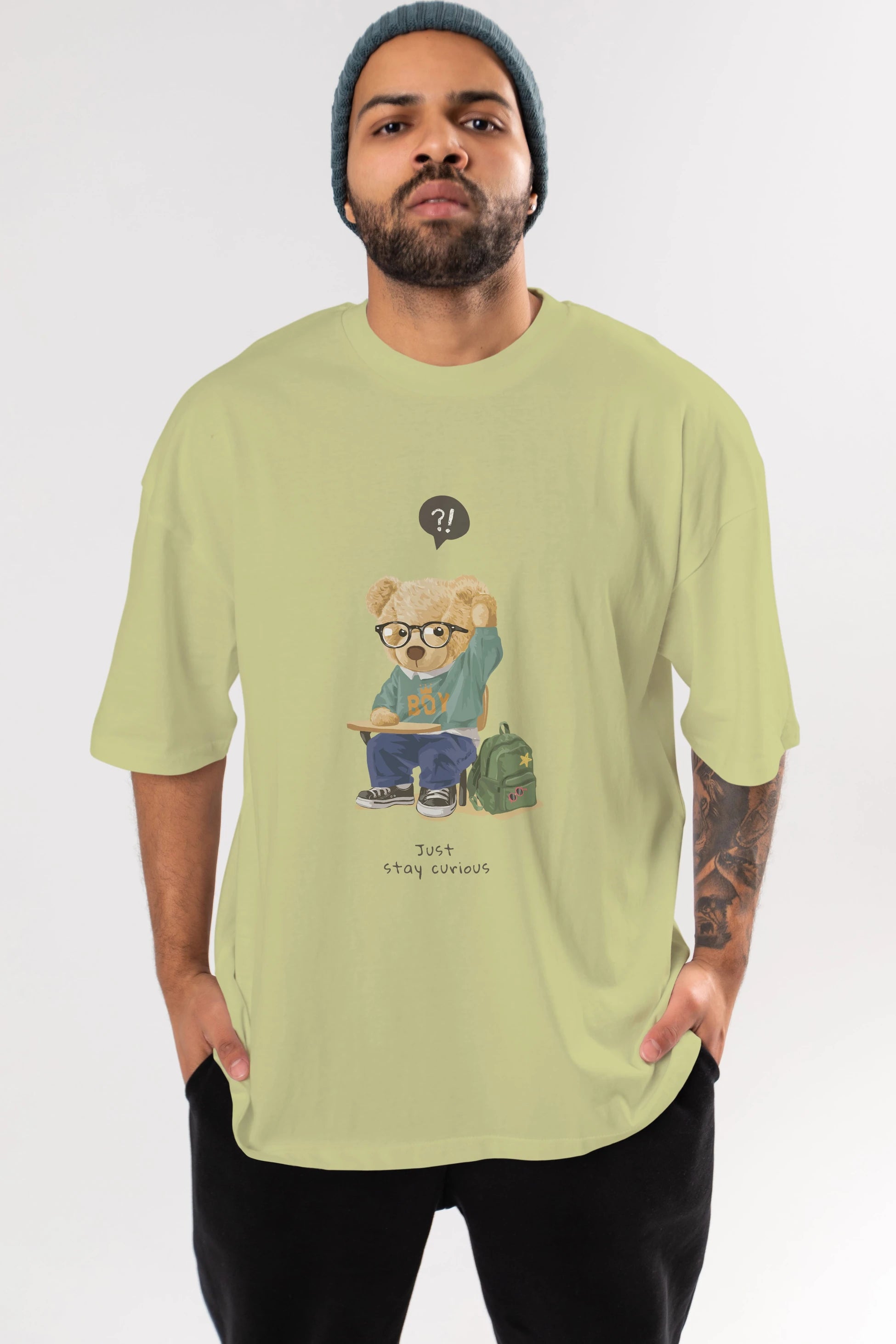 Teddy Bear Just Stay Curious Ön Baskılı Oversize t-shirt Erkek Kadın Unisex %100 Pamuk