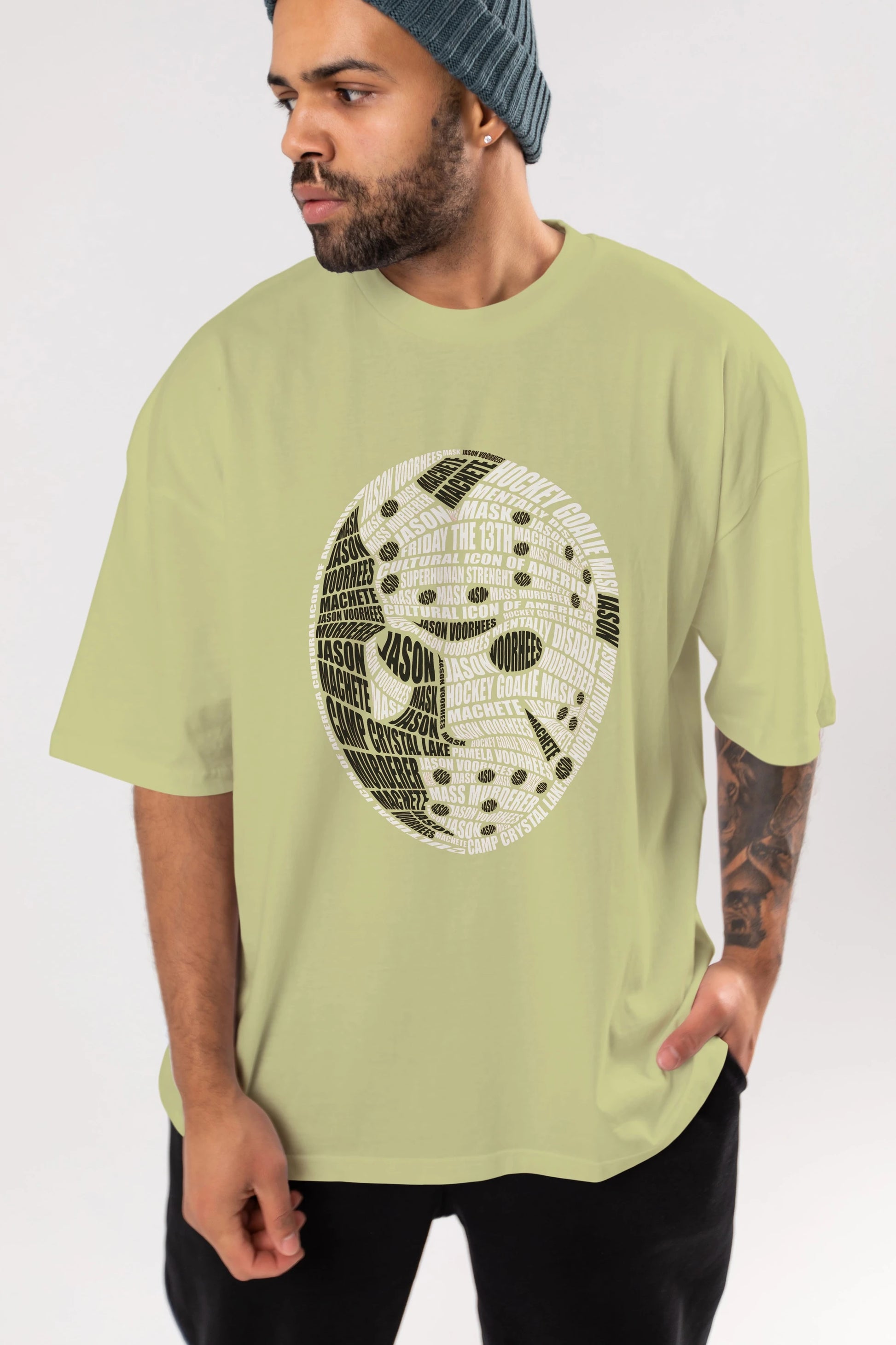 Jason Voorhees Calligram Ön Baskılı Oversize t-shirt %100 pamuk Erkek Kadın Unisex