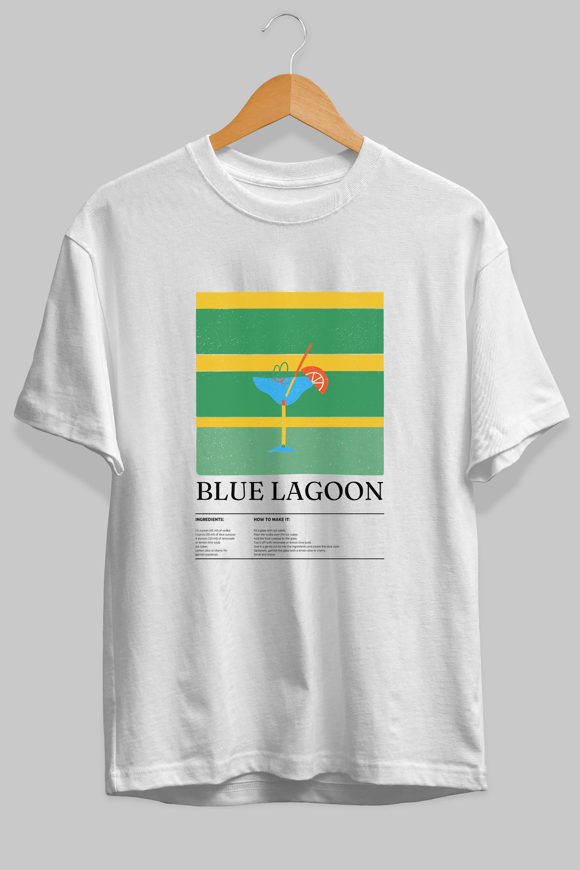 Blue Lagoon Kokteyl Ön Baskılı Oversize t-shirt Erkek Kadın %100 Pamuk Bisiklet Yaka tişort