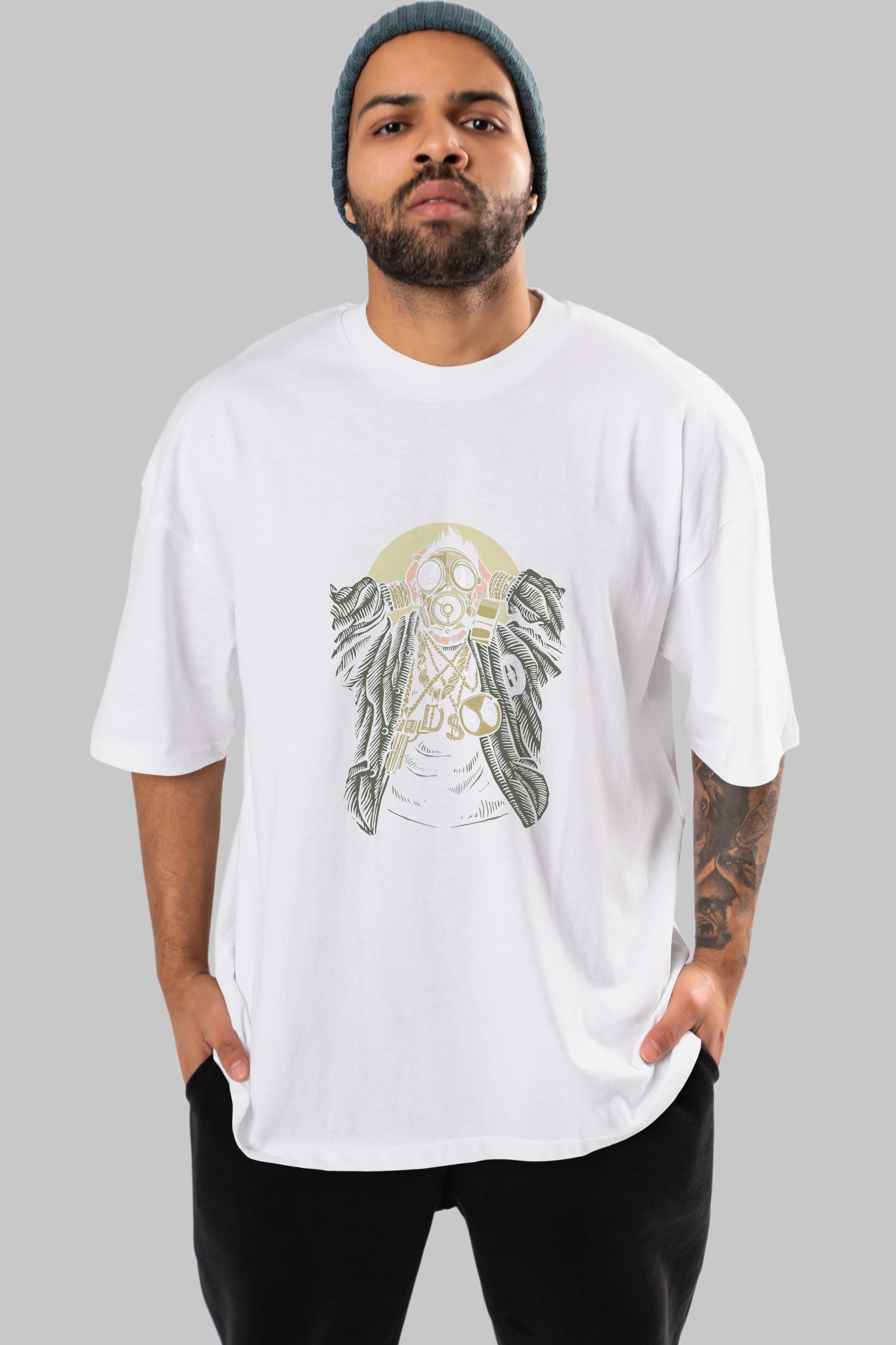 Gasmask Gangsta Ön Baskılı Oversize t-shirt Erkek Kadın Unisex %100 Pamuk tişort