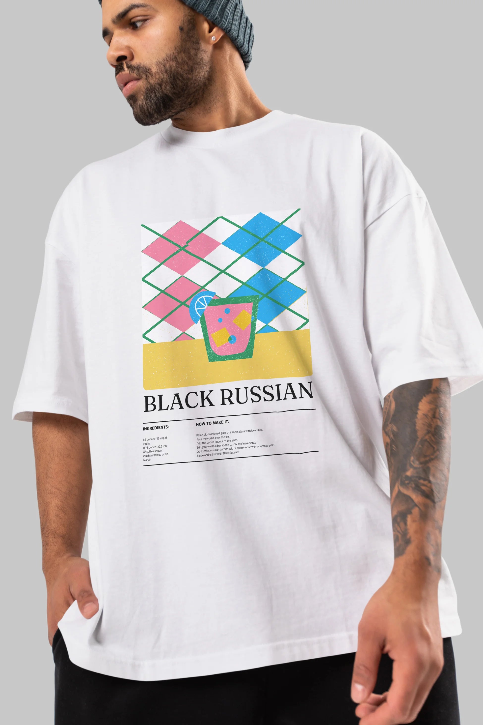 Black Russian Kokteyl Ön Baskılı Oversize t-shirt Erkek Kadın %100 Pamuk Bisiklet Yaka tişort