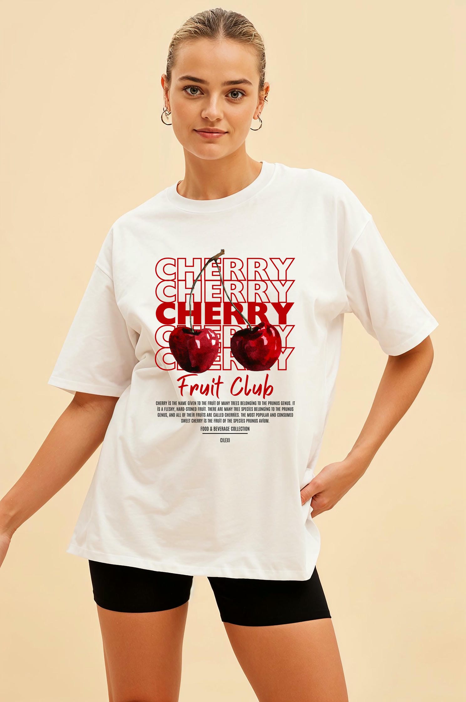 Cherry Ön Baskılı Oversize t-shirt Erkek Kadın Pamuk Bisiklet Yaka tişort