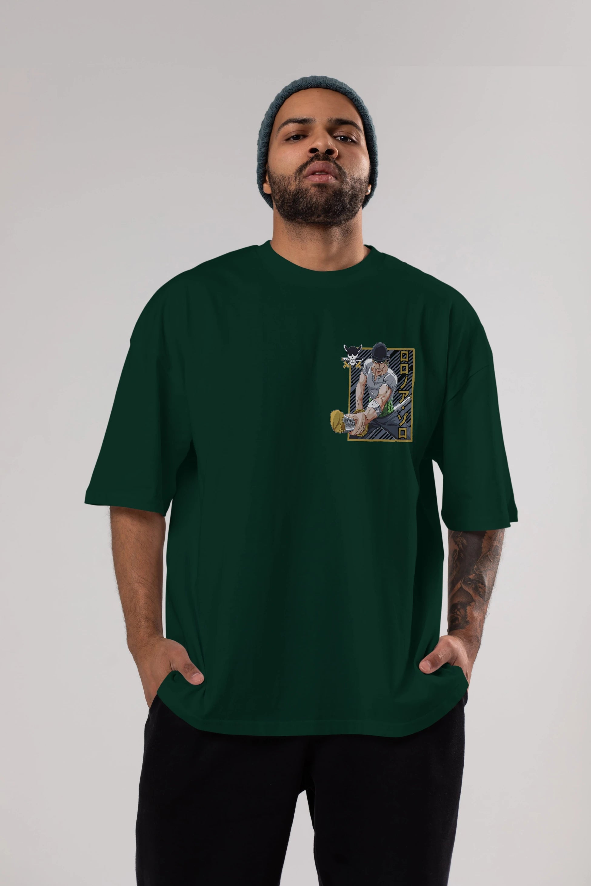 RORONOA ZORO Ön Sol Baskılı Oversize t-shirt Erkek Kadın Unisex %100 Pamuk Bisiklet Yaka tişort
