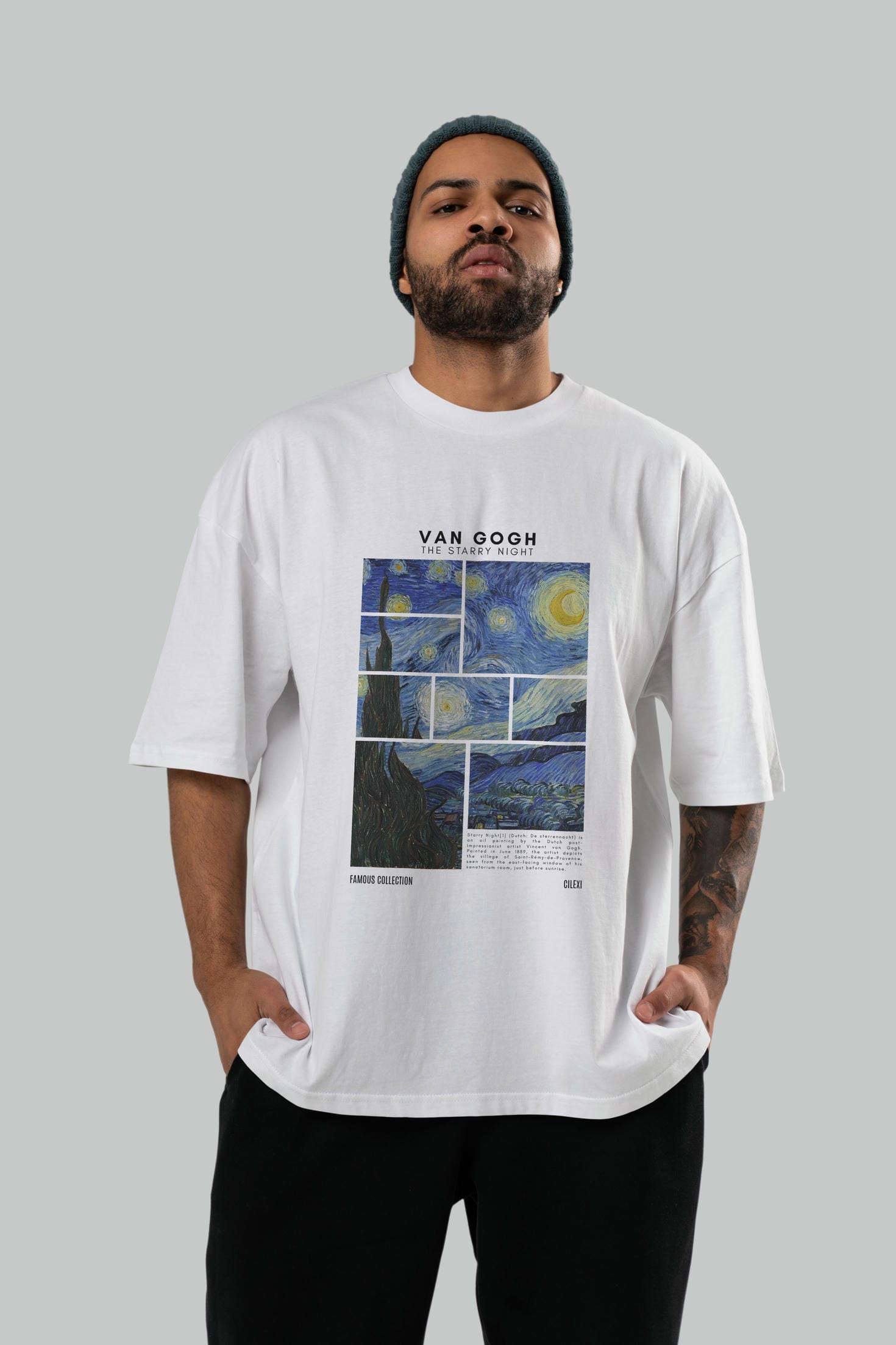 Van Gogh The Starry Night ön Baskılı Oversize t-shirt Erkek Kadın Bisiklet Yaka Pamuk tişort