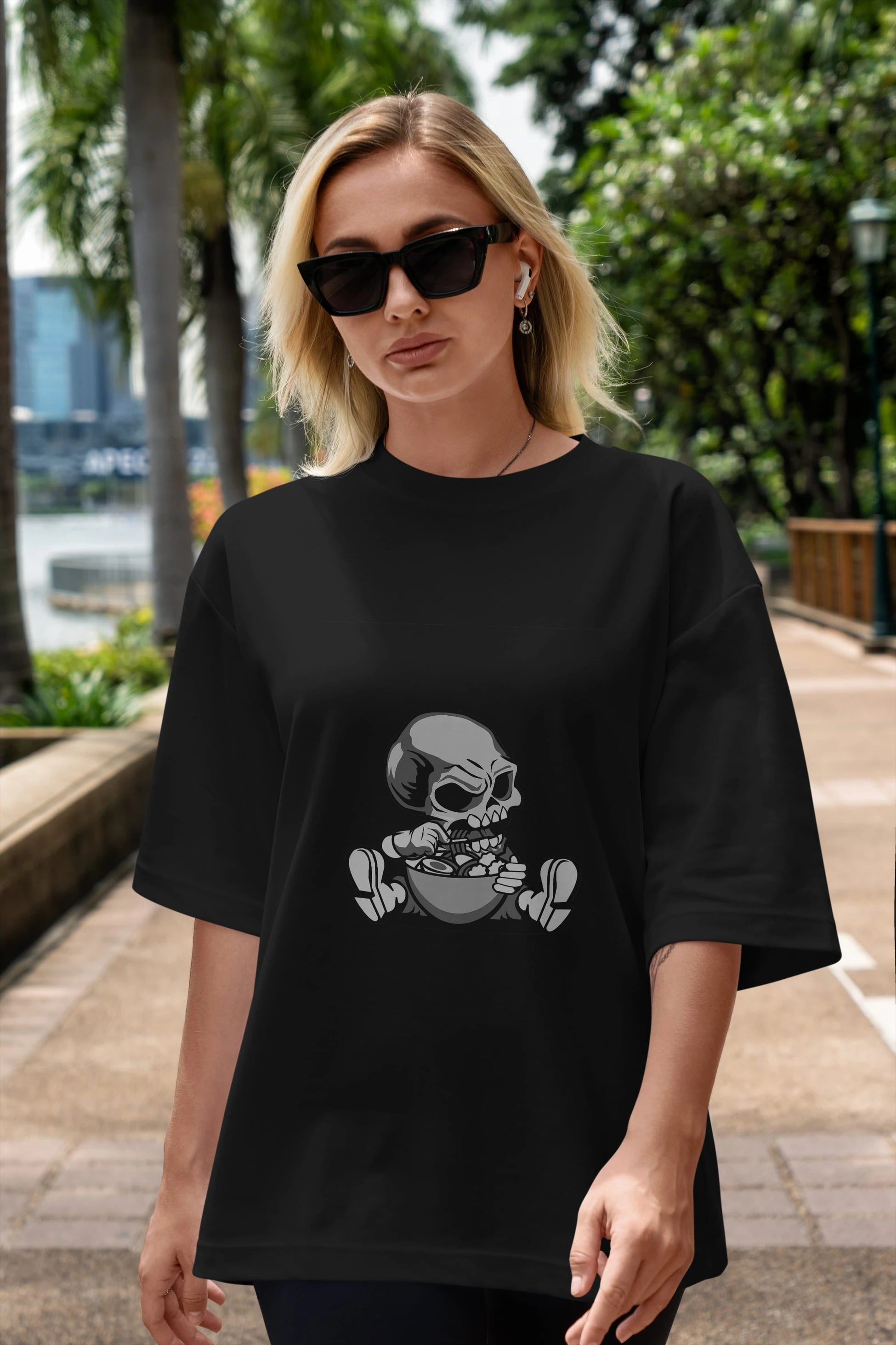 Skull Eat Ramen Ön Baskılı Oversize t-shirt Erkek Kadın Unisex %100 Pamuk tişort