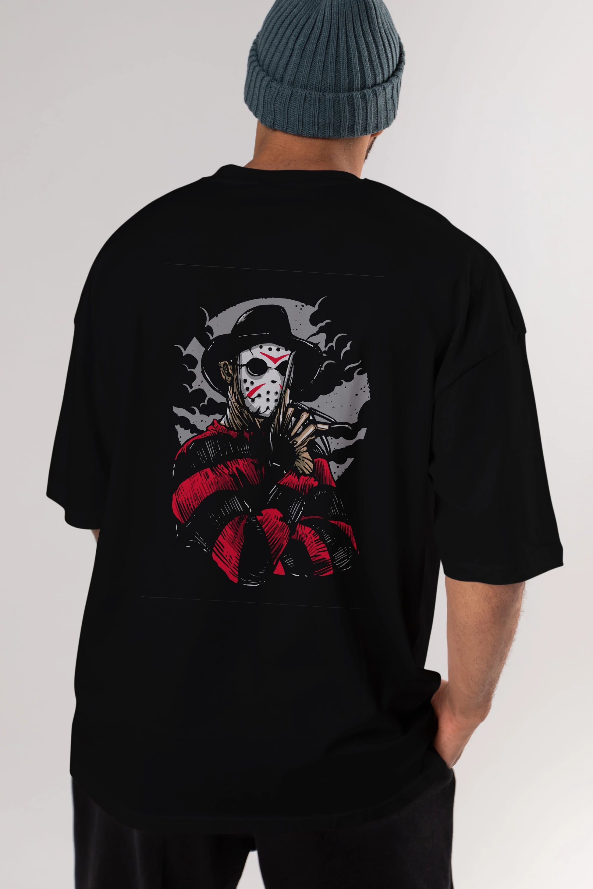 Freddy VS Jason (2) Arka Baskılı Oversize t-shirt Erkek Kadın Unisex %100 Pamuk