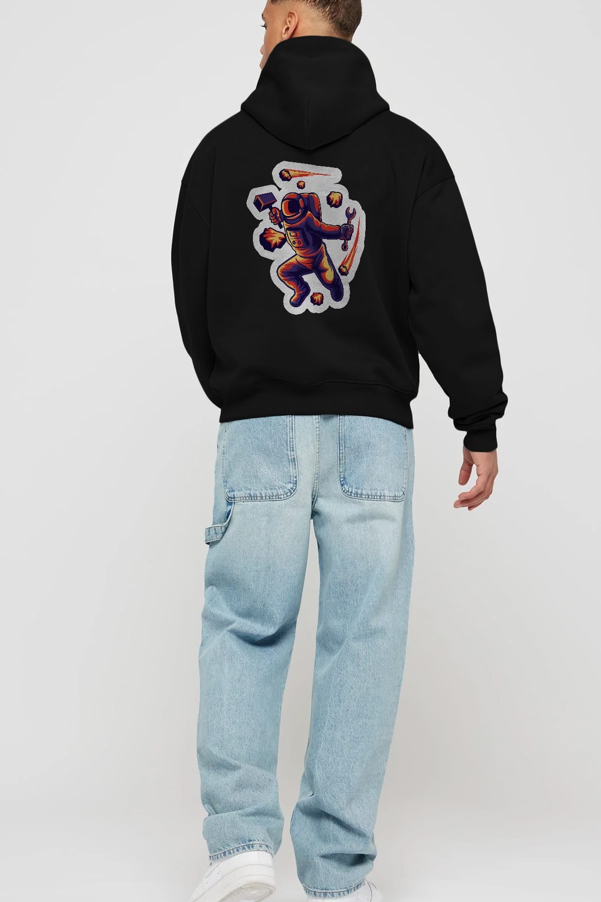 Astronaut Block Meteor Sticker Arka Baskılı Hoodie Oversize Kapüşonlu Sweatshirt Erkek Kadın Unisex
