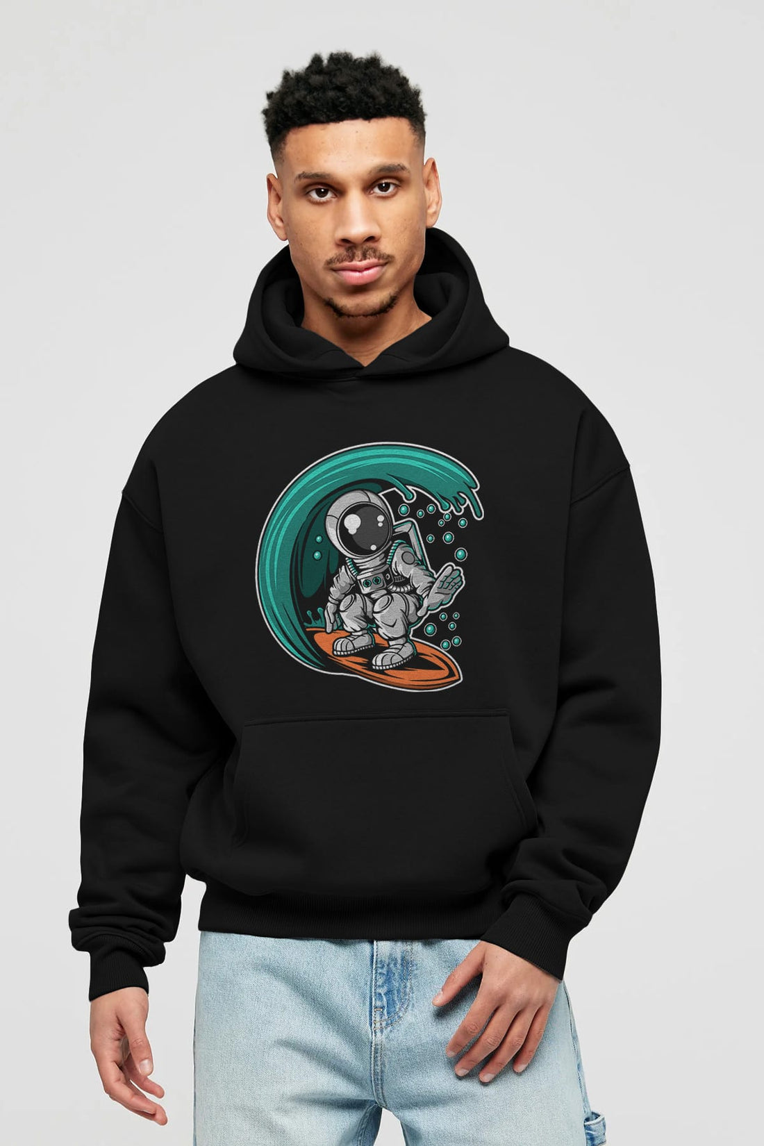 Astronaut Surfing Ön Baskılı Hoodie Oversize Kapüşonlu Sweatshirt Erkek Kadın Unisex
