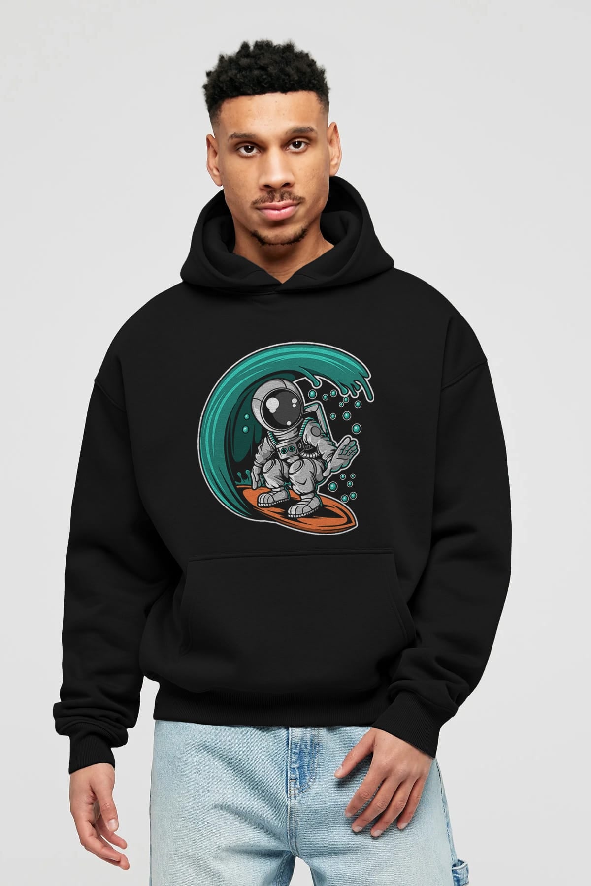 Astronaut Surfing Ön Baskılı Hoodie Oversize Kapüşonlu Sweatshirt Erkek Kadın Unisex