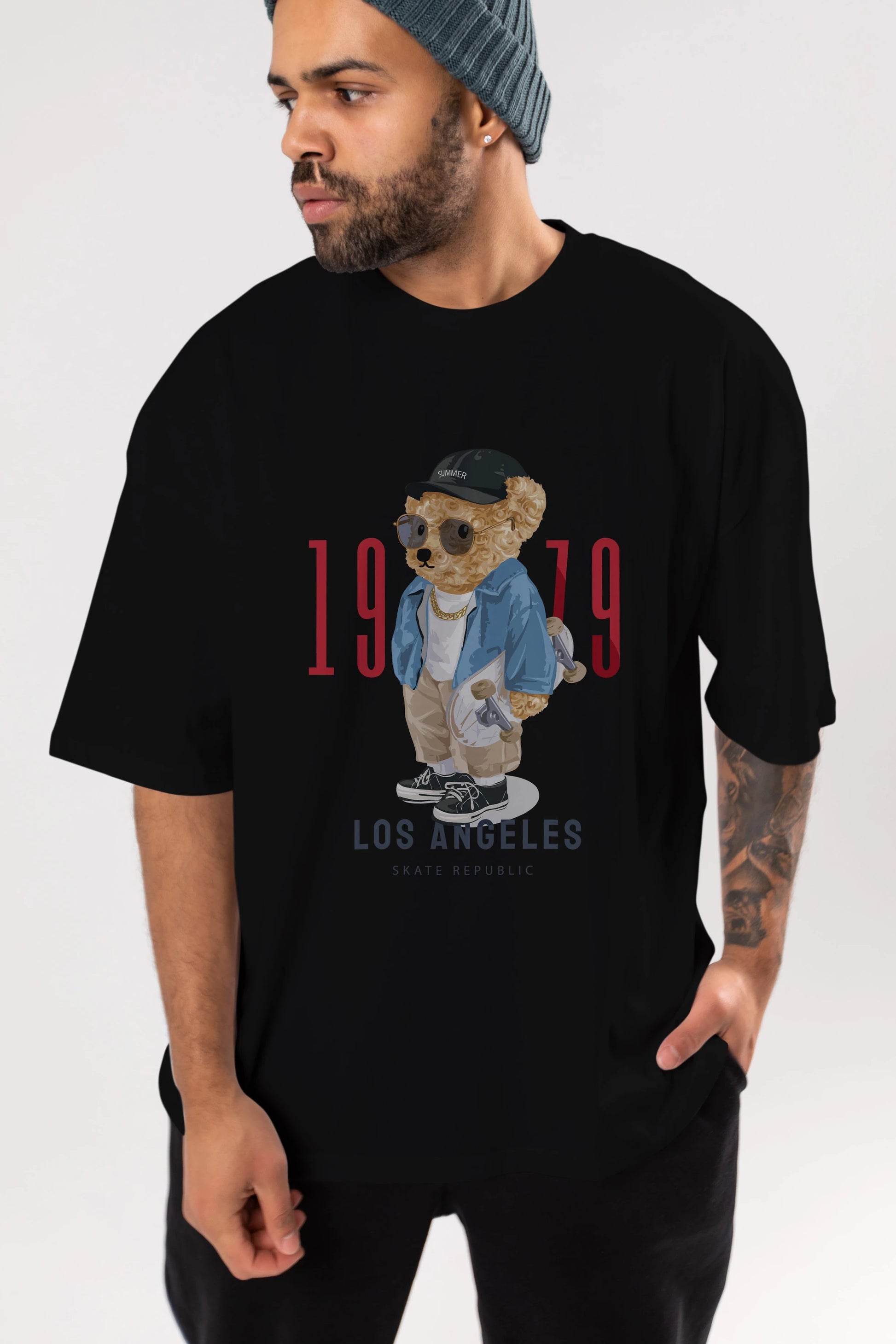 Teddy Bear Los Angeles Ön Baskılı Oversize t-shirt Erkek Kadın Unisex %100 Pamuk