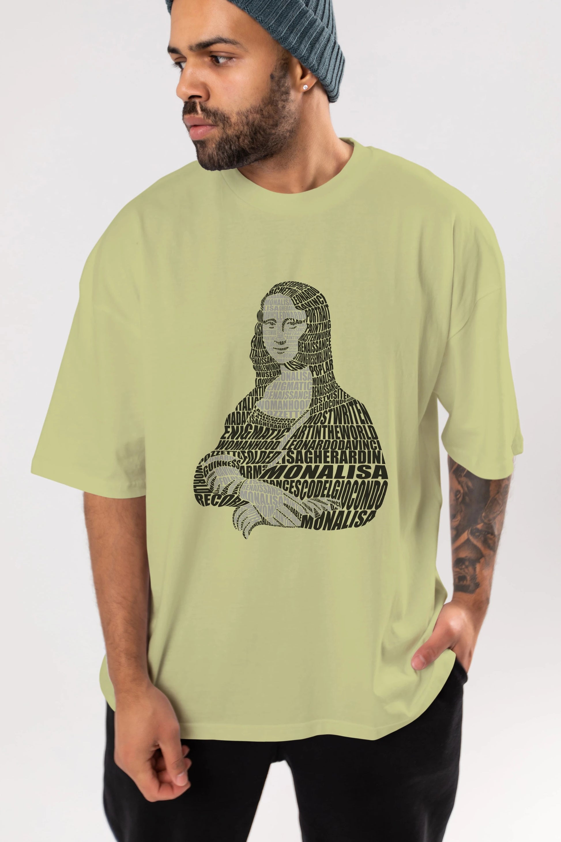 Mona Lisa Calligram Ön Baskılı Oversize t-shirt %100 pamuk Erkek Kadın Unisex