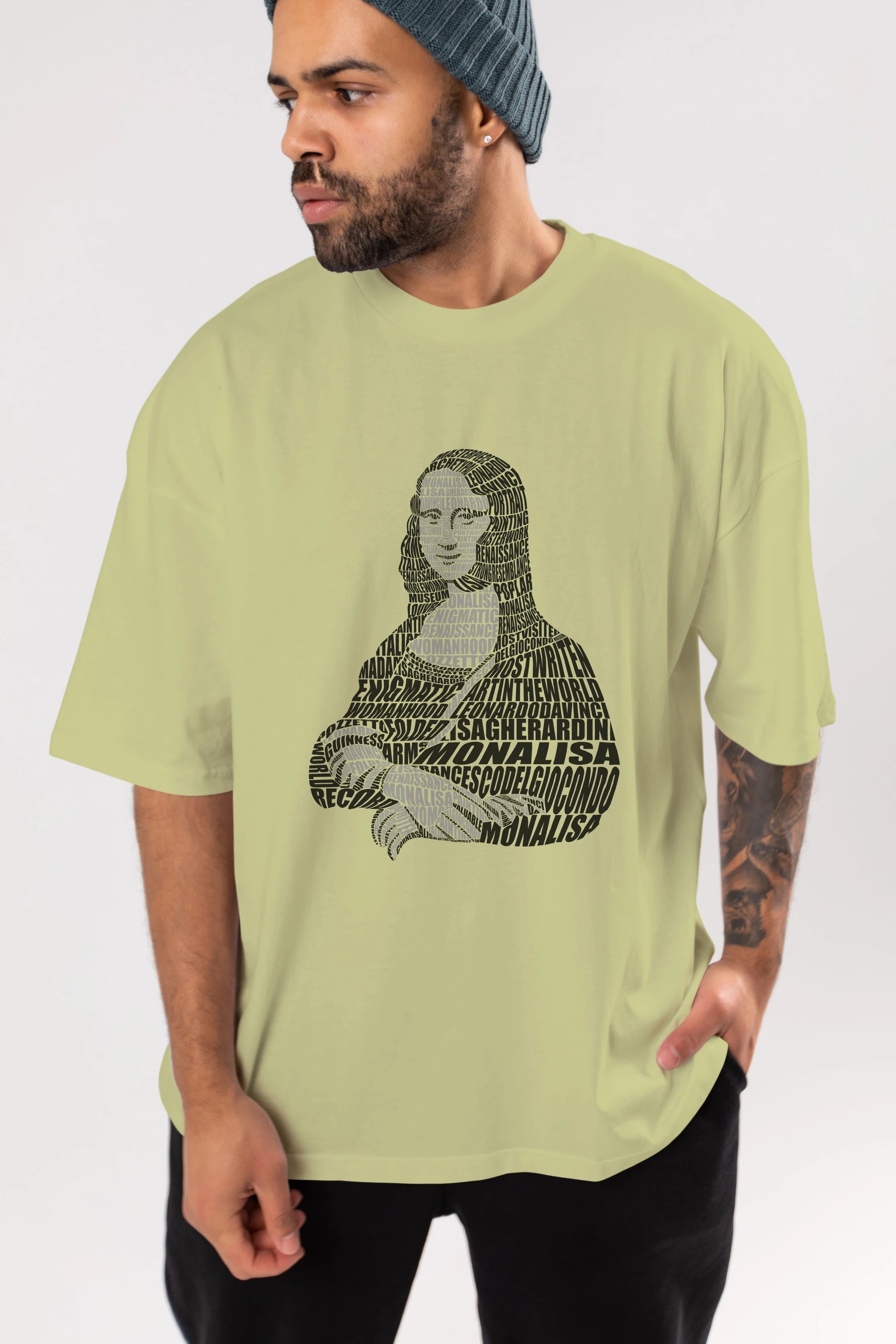 Mona Lisa Calligram Ön Baskılı Oversize t-shirt %100 pamuk Erkek Kadın Unisex