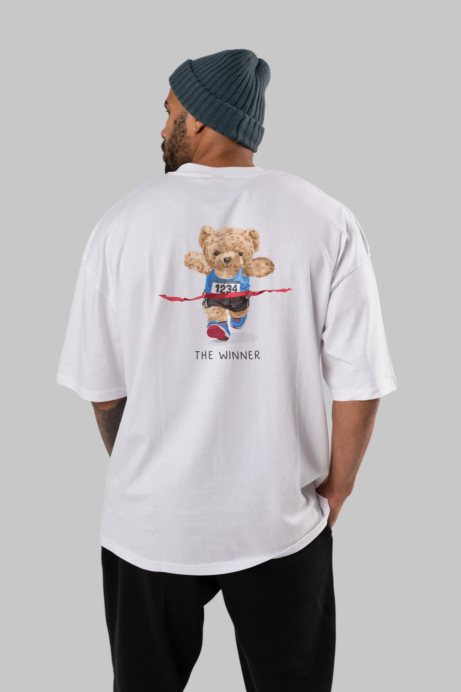 Teddy Bear The Winner Arka Baskılı Oversize t-shirt Erkek Kadın Unisex %100 Pamuk