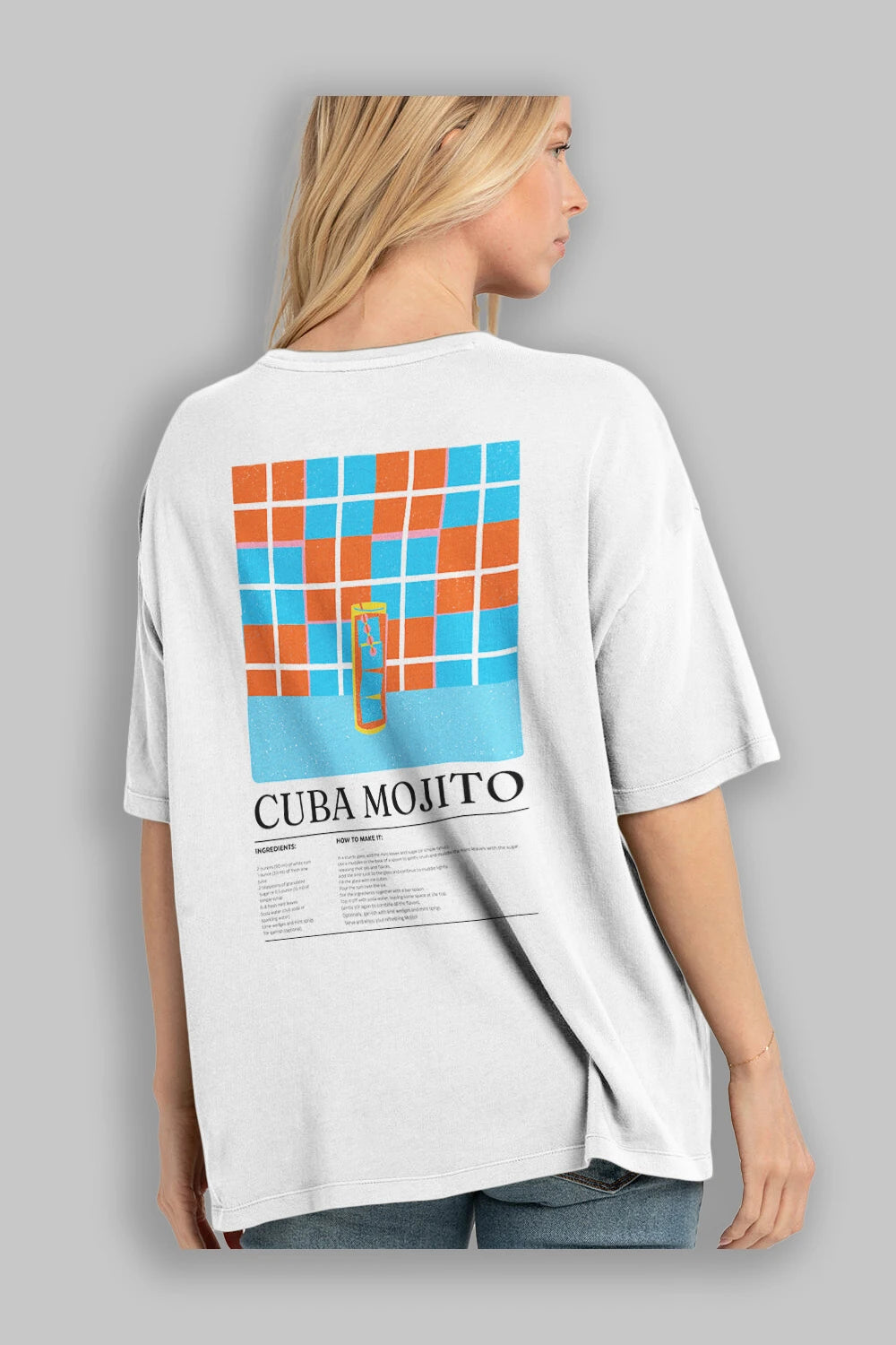 Cuba Mojıto Kokteyl Serisi Arka Baskılı Oversize t-shirt Erkek Kadın %100 Pamuk Bisiklet Yaka tişort