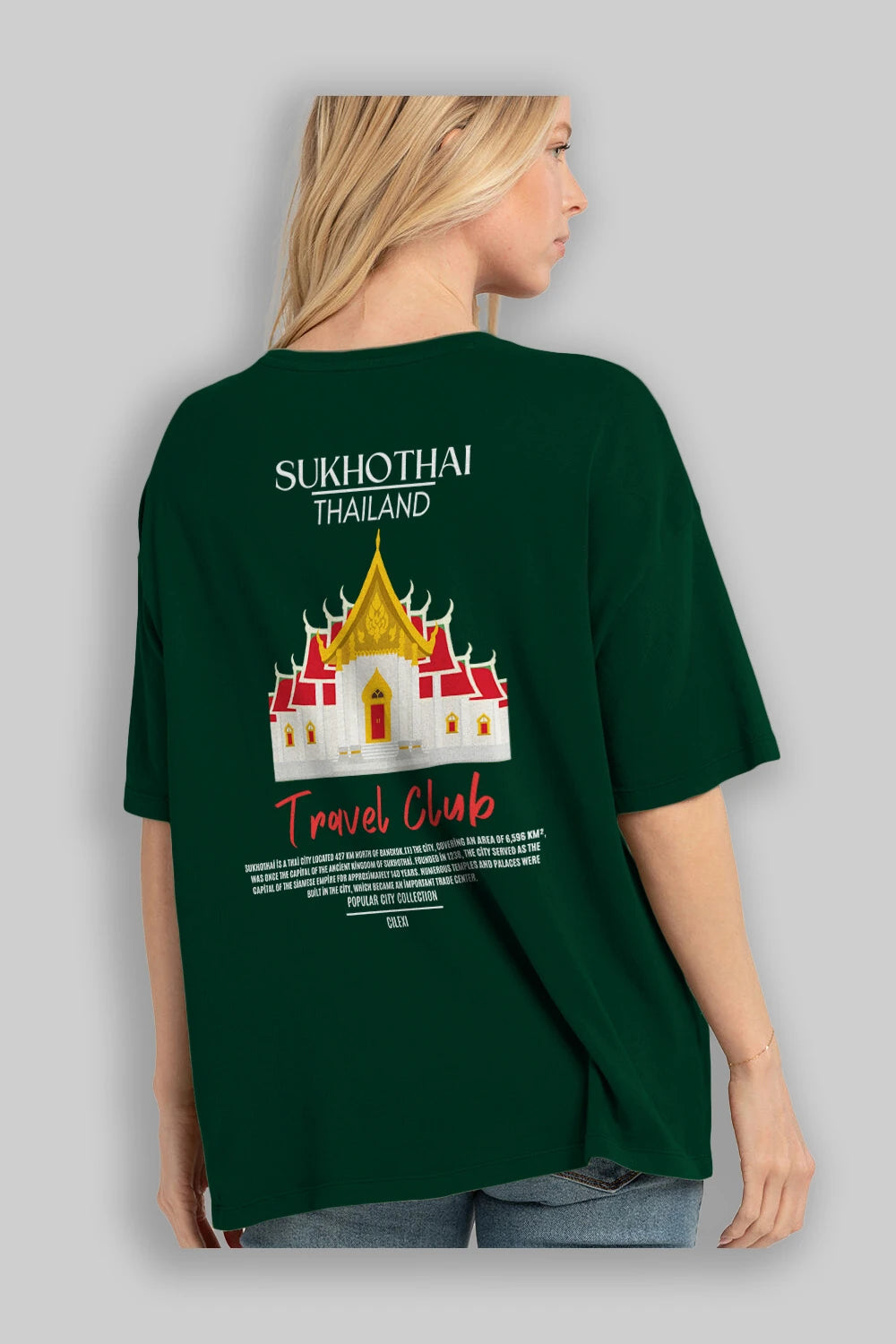 Sukhothai Thailand Arka Baskılı Oversize t-shirt Erkek Kadın Pamuk Bisiklet Yaka tişort