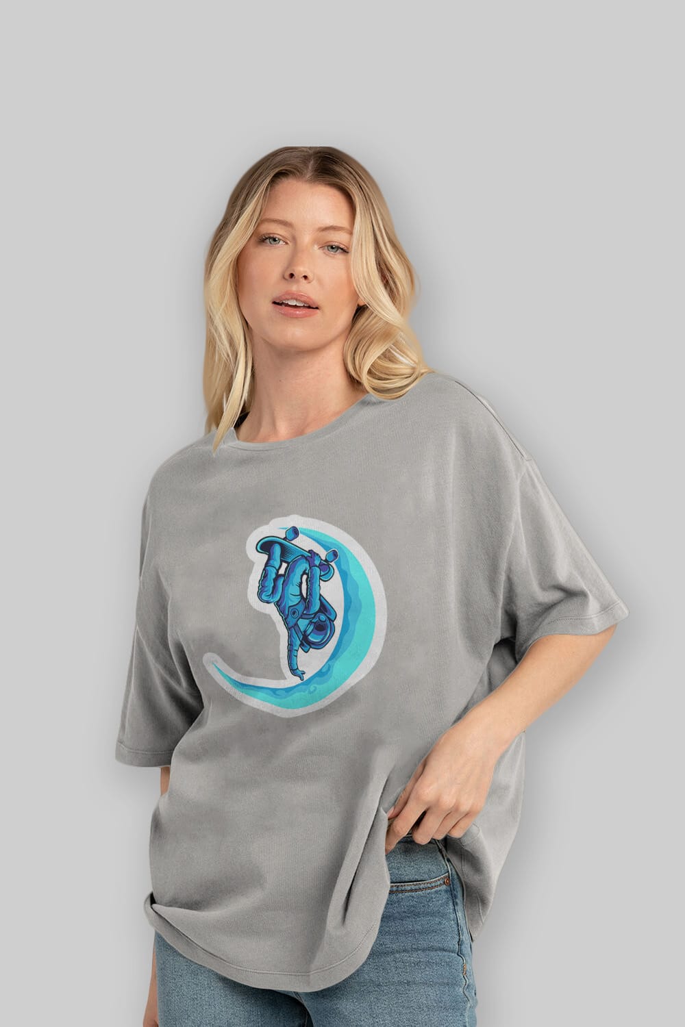 Skating on the moon sticker Ön Baskılı Oversize t-shirt Erkek Kadın Unisex