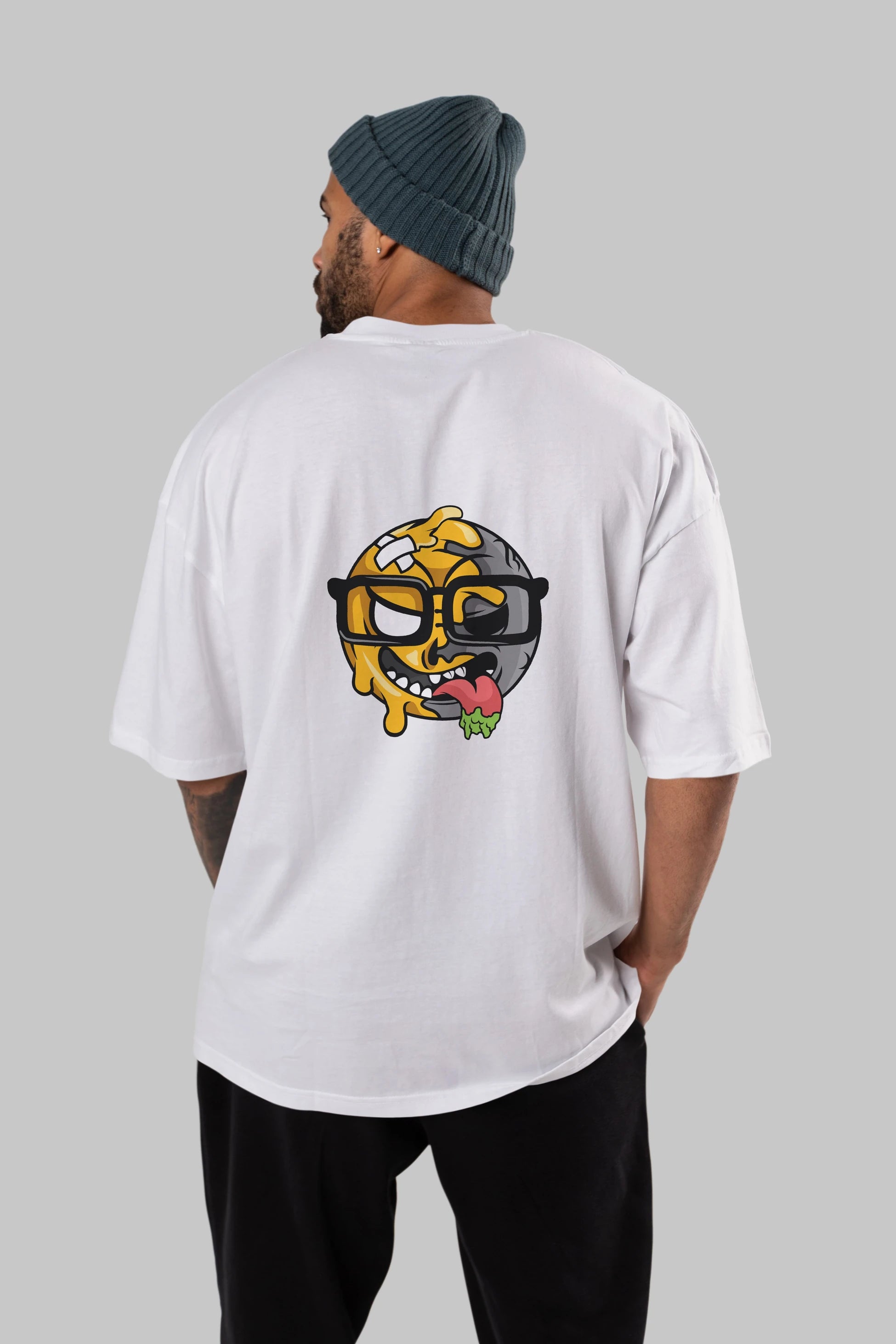 Smiley Nerd Arka Baskılı Oversize t-shirt Erkek Kadın Unisex %100 Pamuk tişort