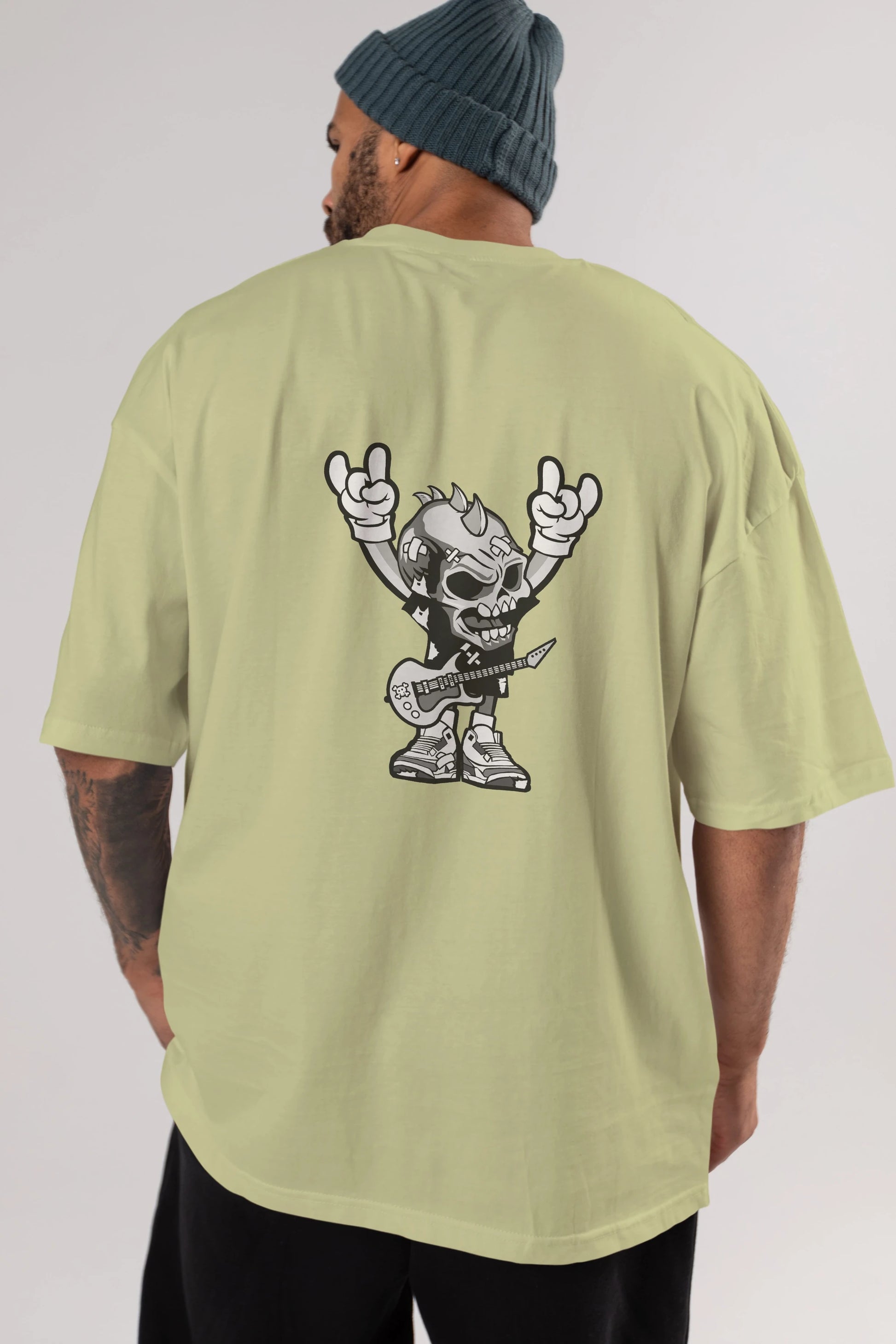 Punk Rock Skull Arka Baskılı Oversize t-shirt Erkek Kadın Unisex %100 Pamuk tişort