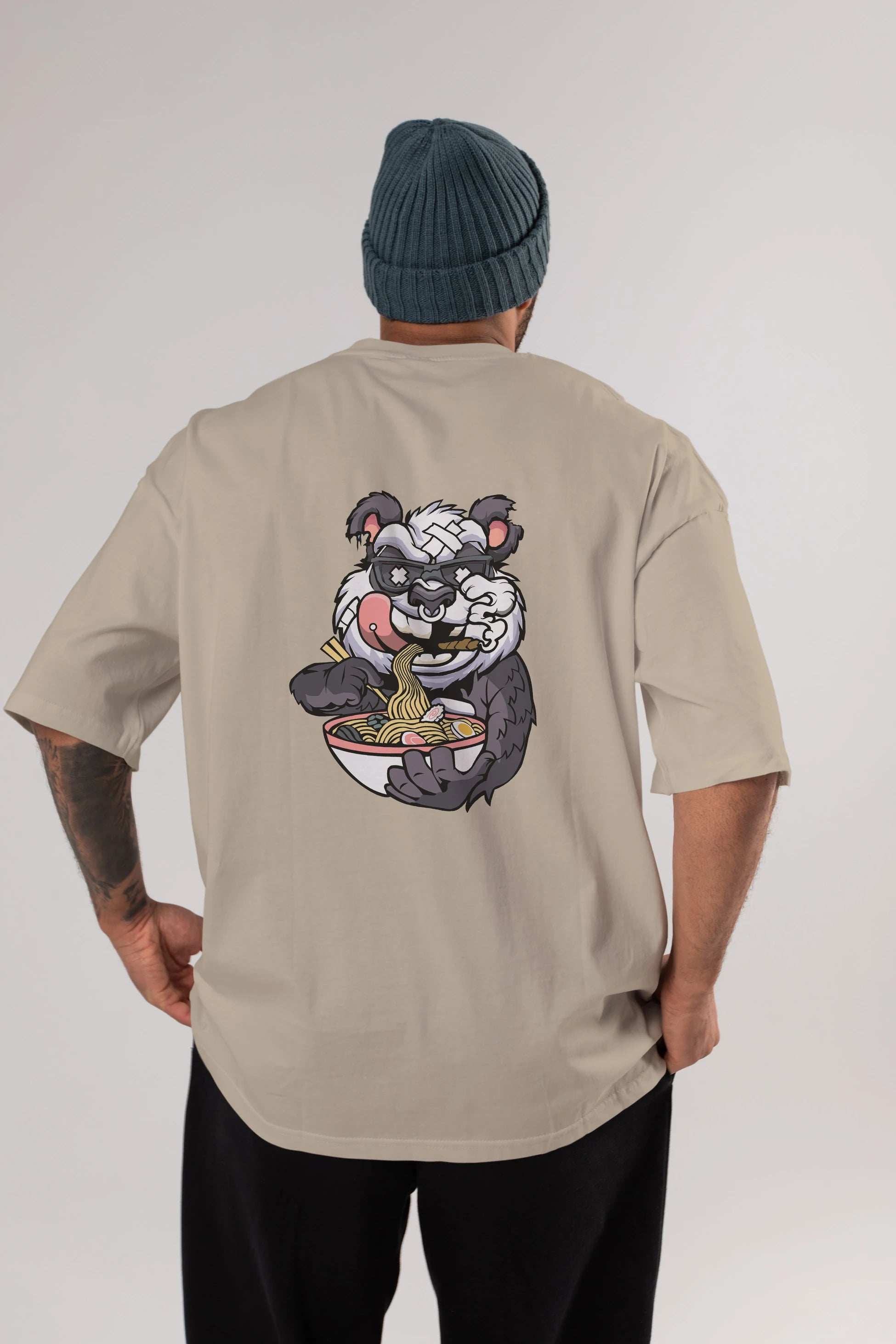Panda Ramen Arka Baskılı Oversize t-shirt Erkek Kadın Unisex %100 Pamuk tişort
