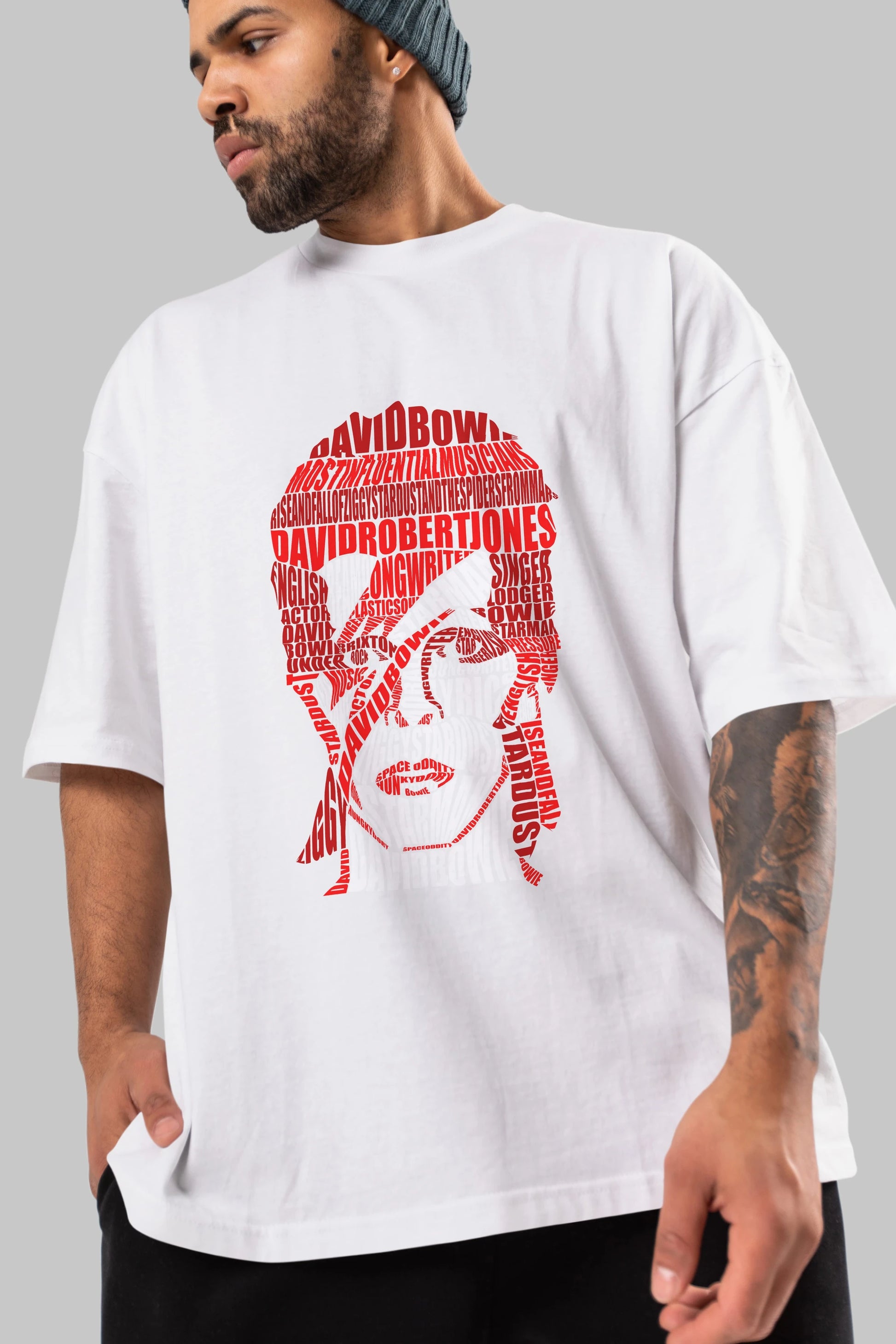 David Bowie Calligram Ön Baskılı Oversize t-shirt %100 pamuk Erkek Kadın Unisex