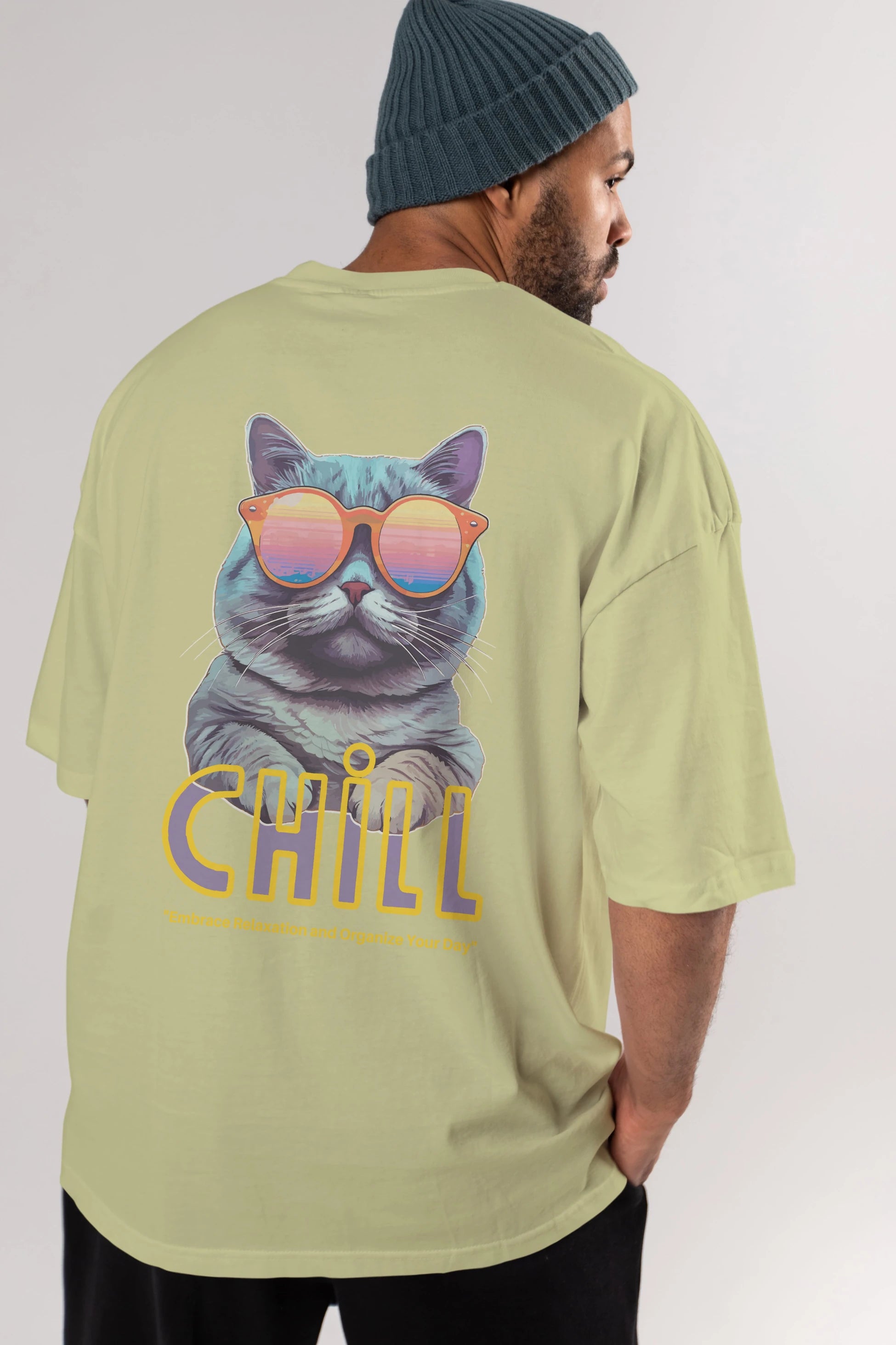 Chill Cat Arka Baskılı Oversize t-shirt Erkek Kadın Unisex