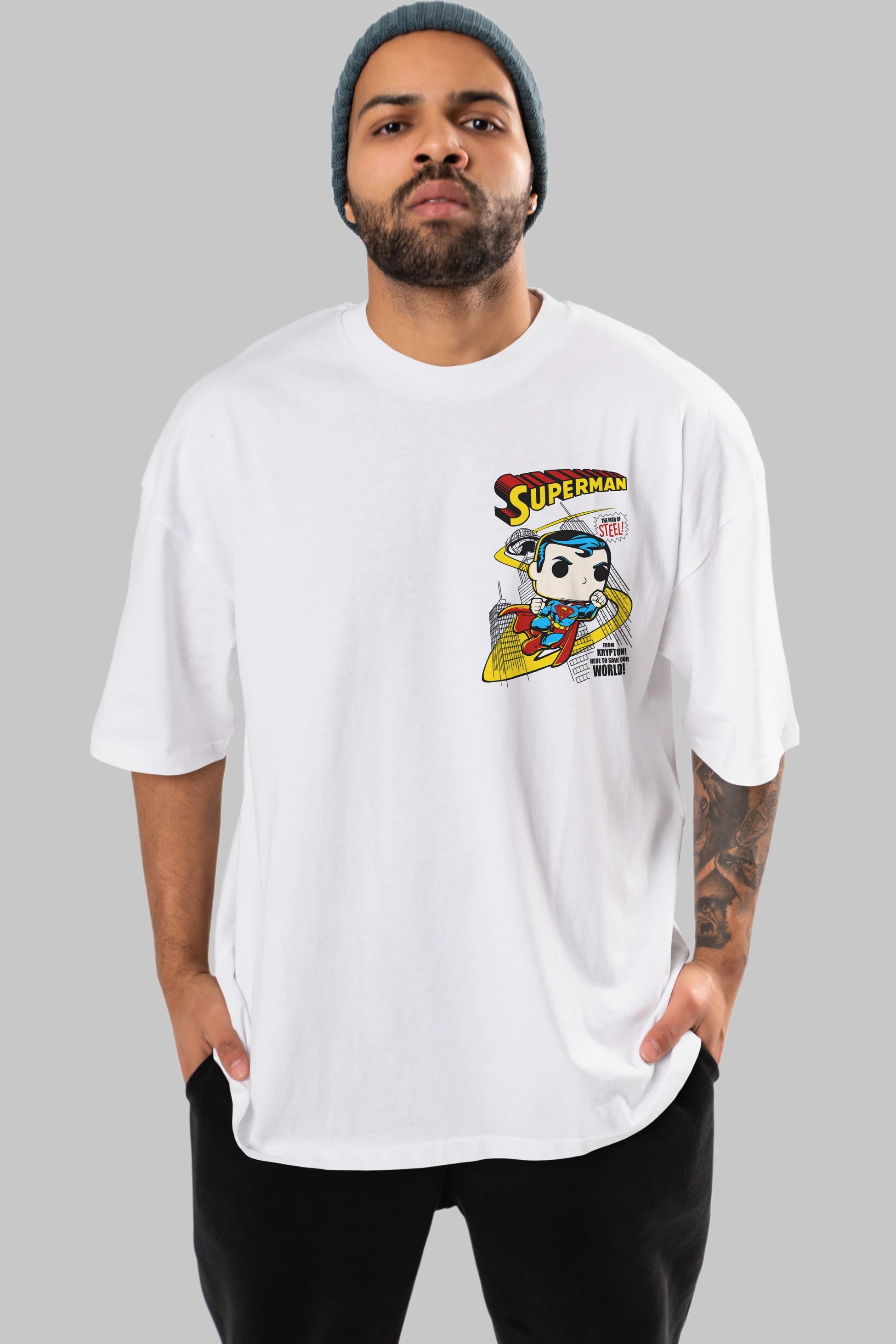 Superman (2) Ön Sol Baskılı Oversize t-shirt Erkek Kadın Unisex %100 Pamuk Bisiklet Yaka tişort