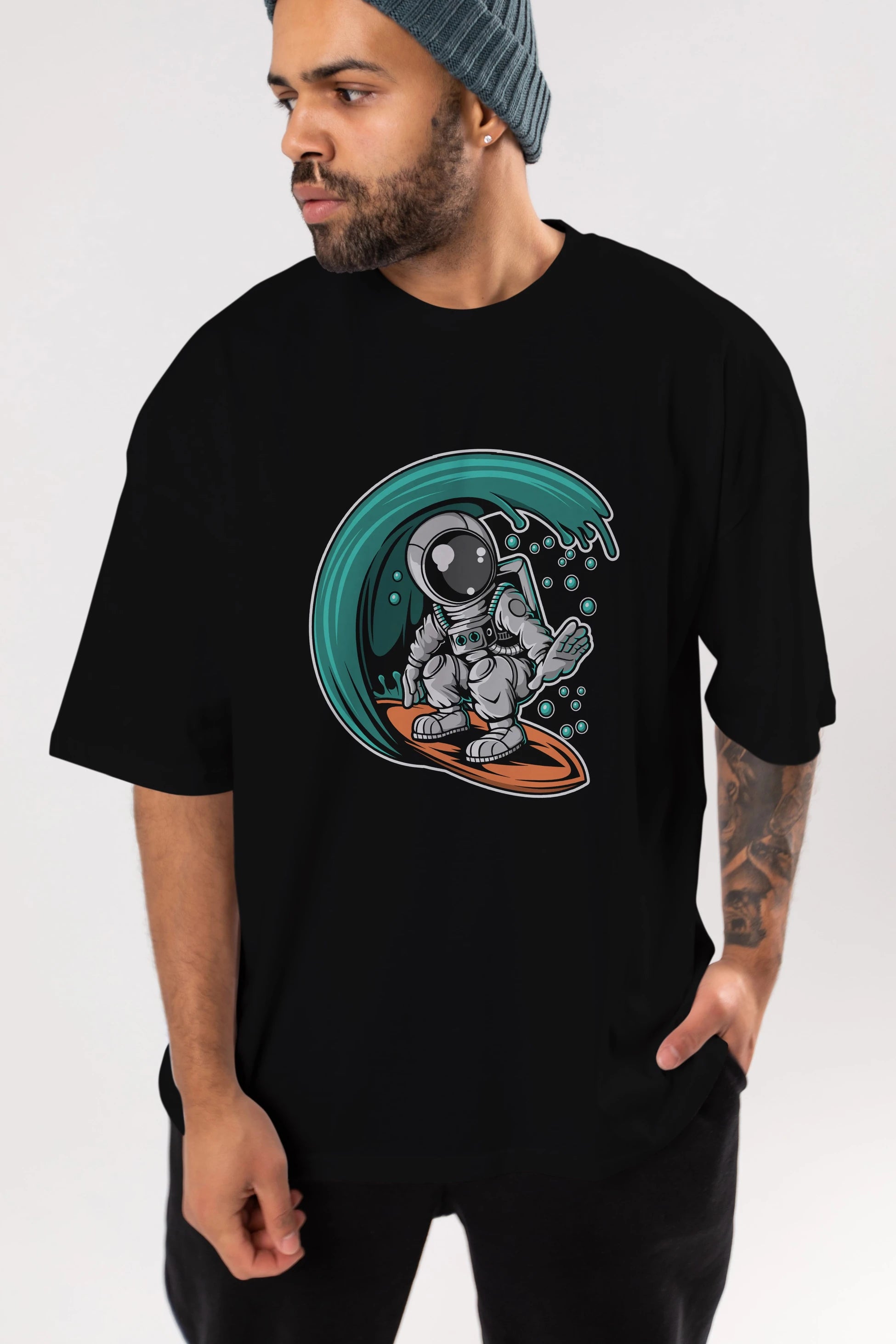 Astronaut Surfing Ön Baskılı Oversize t-shirt Erkek Kadın Unisex