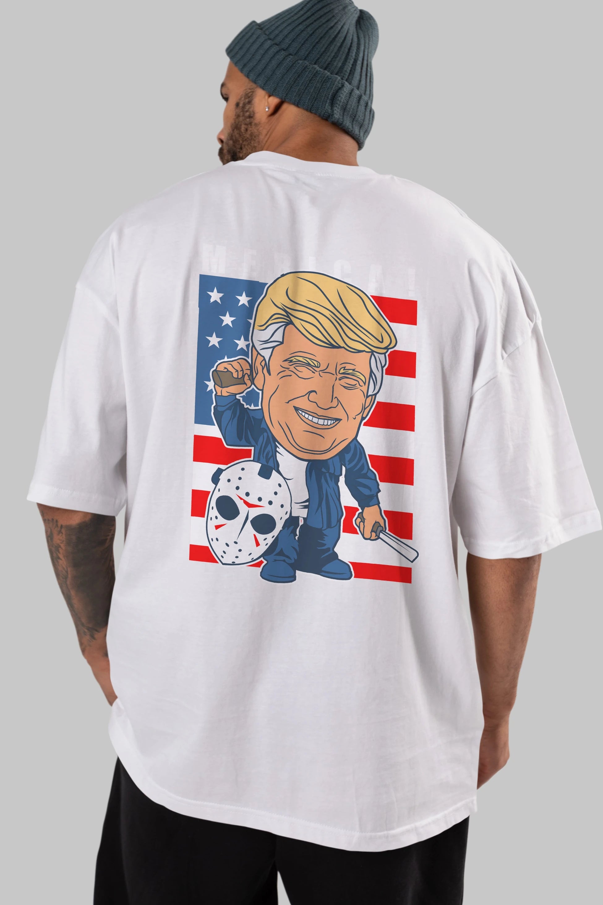Jason Voorhess Trump Arka Baskılı Oversize t-shirt Erkek Kadın Unisex %100 Pamuk tişort