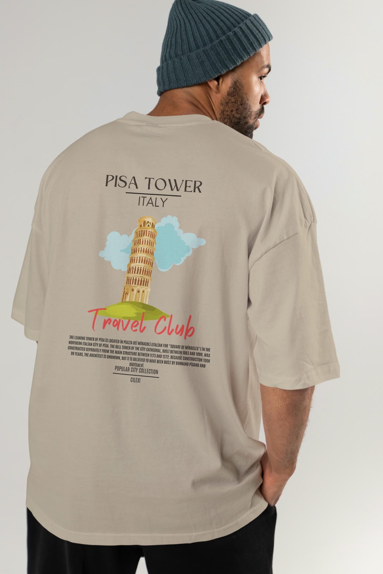 Pisa Tower İtaly Arka Baskılı Oversize t-shirt Erkek Kadın Pamuk Bisiklet Yaka tişort