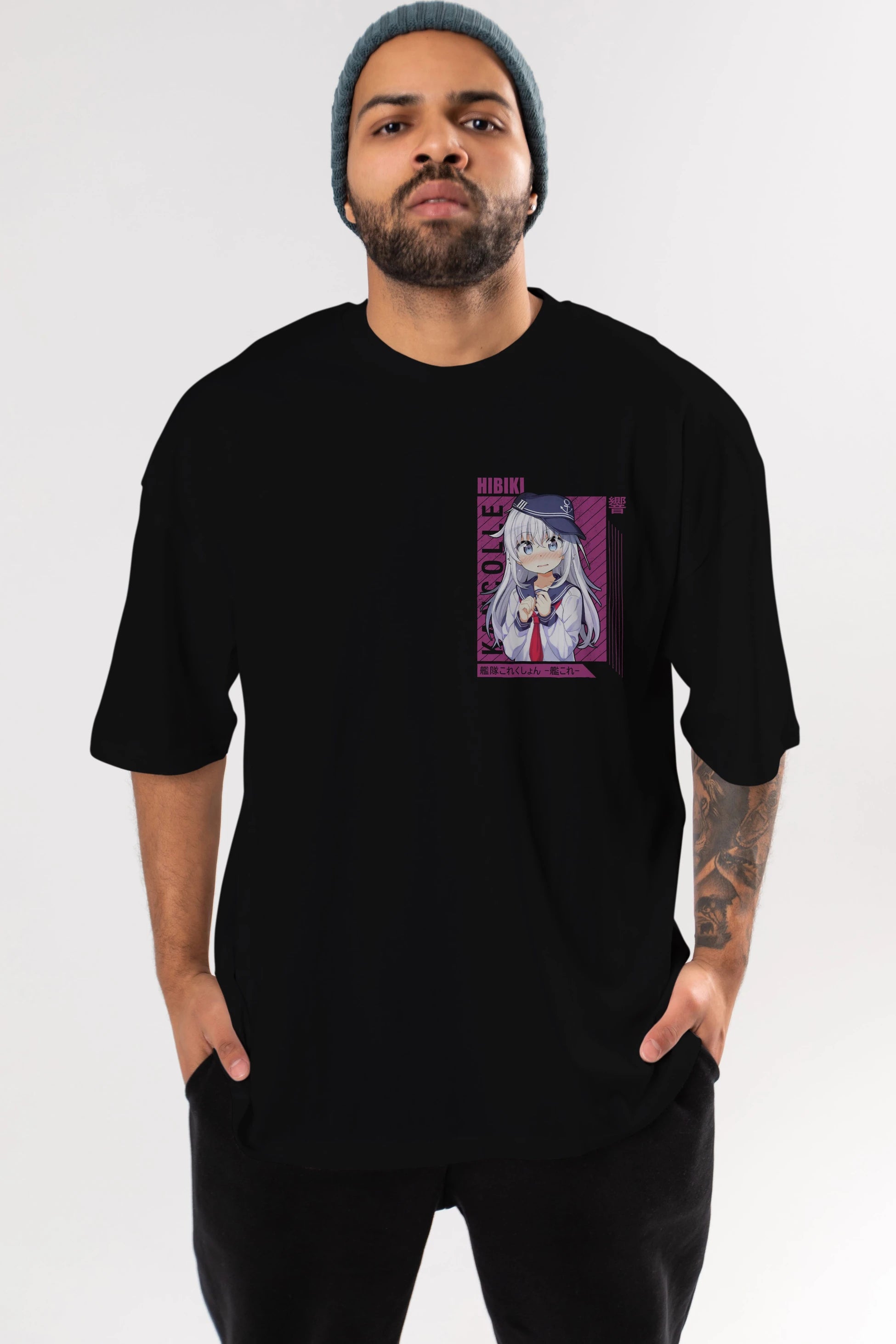 Hibiki 4 Ön Sol Baskılı Oversize t-shirt Erkek Kadın Unisex %100 Pamuk Bisiklet Yaka tişort